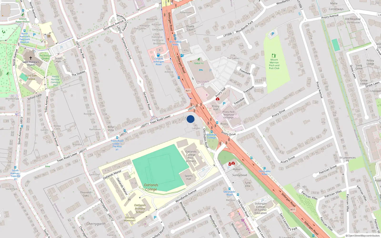 Overhead map showing the location of 43, Greygates, Mount Merrion, Stillorgan-Mount Merrion DED 1986, Blackrock, Dún Laoghaire-Rathdown