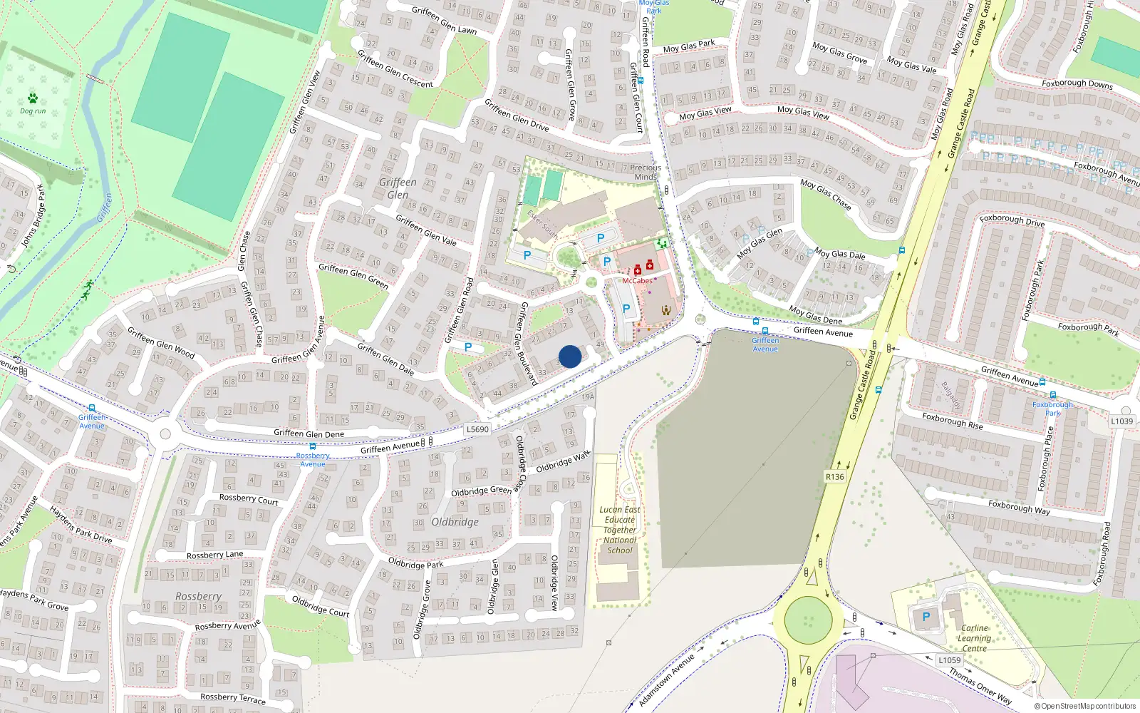 Overhead map showing the location of 43 Griffeen Glen Boulevard, Lucan