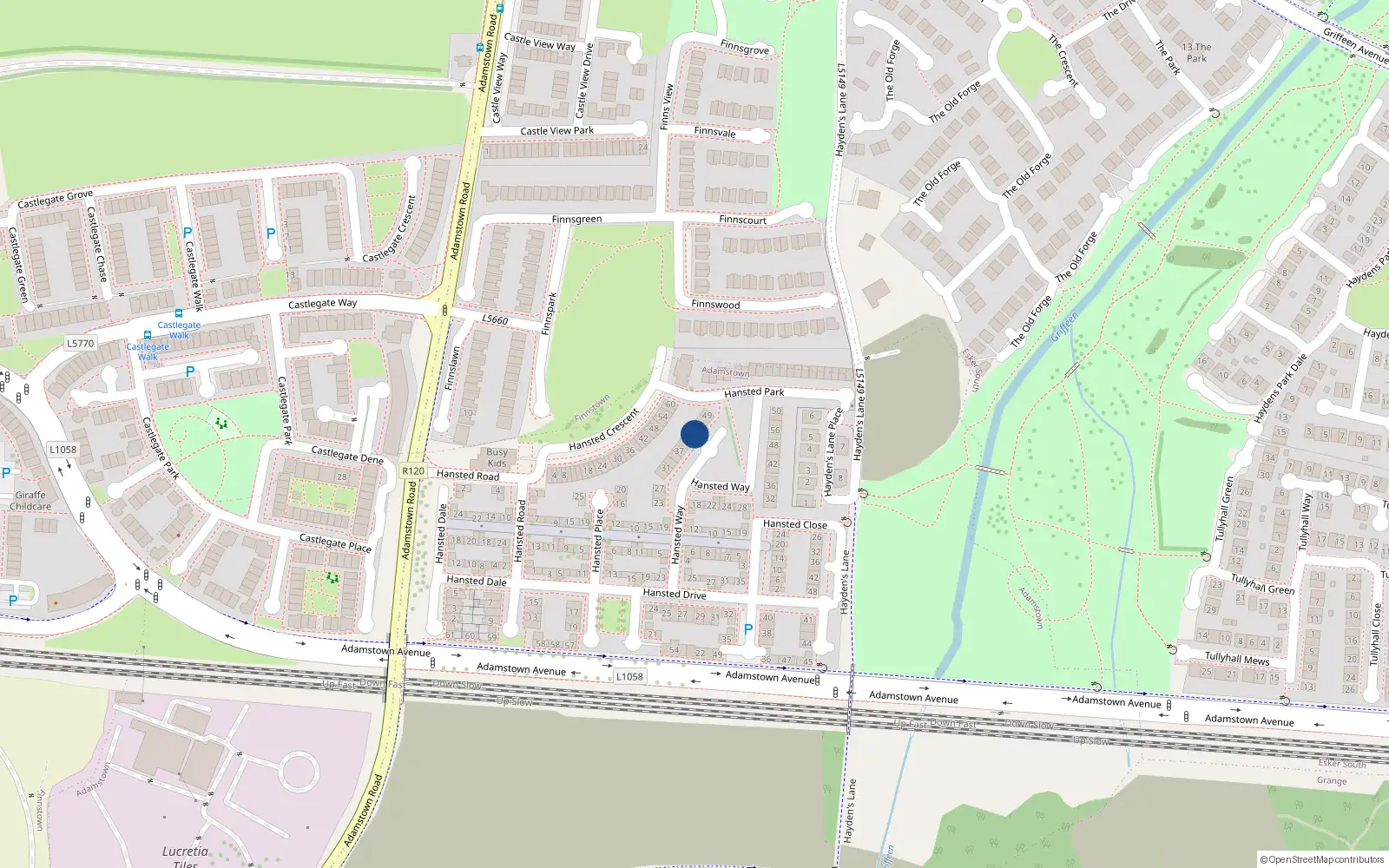 Overhead map showing the location of 43 Hansted Way, Lucan, Dublin