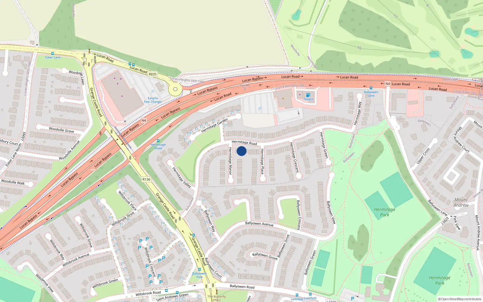 Overhead map showing the location of 43 Hermitage Road, Lucan, Dublin