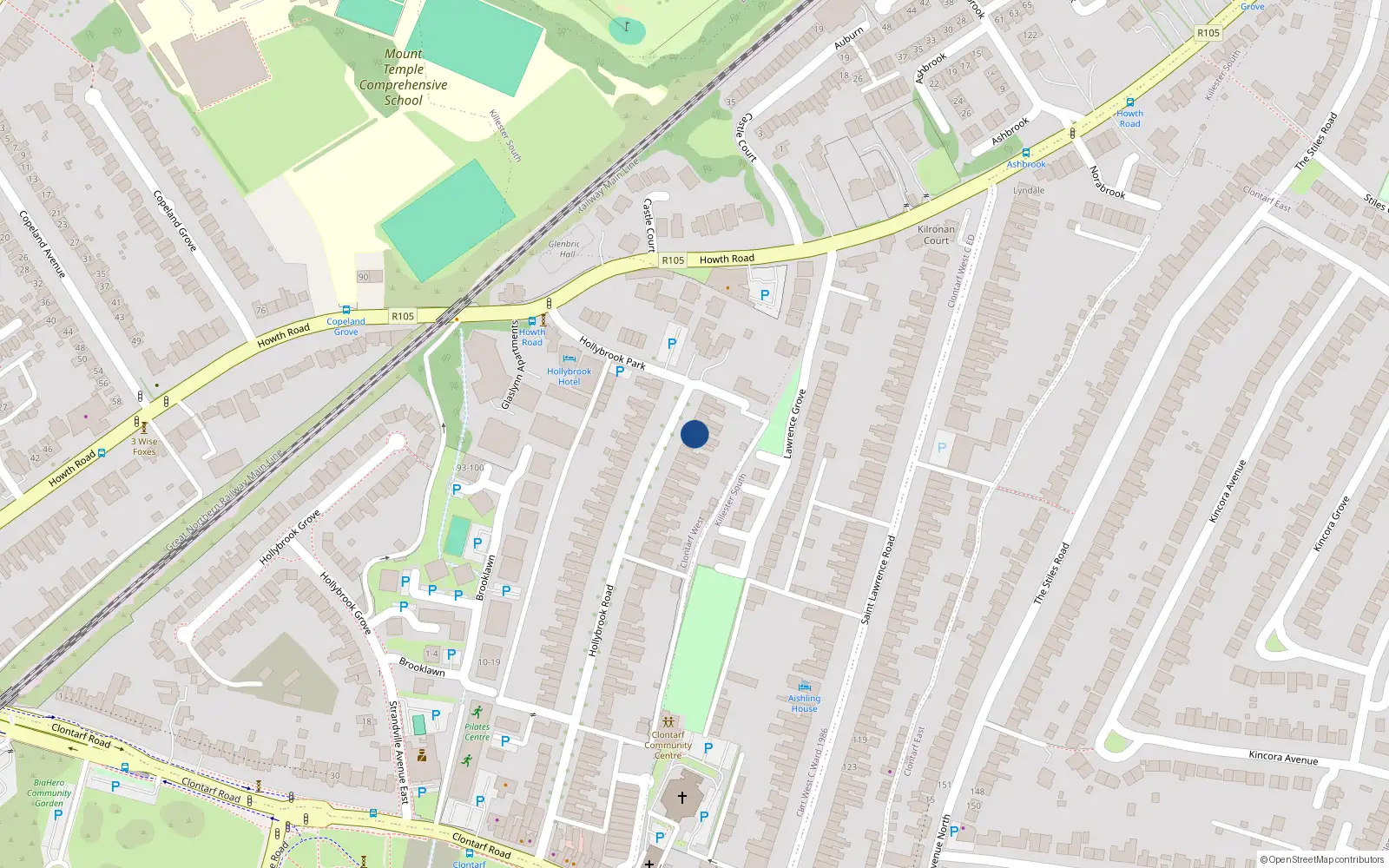 Overhead map showing the location of 43 Hollybrook Road, Clontarf, Dublin 3