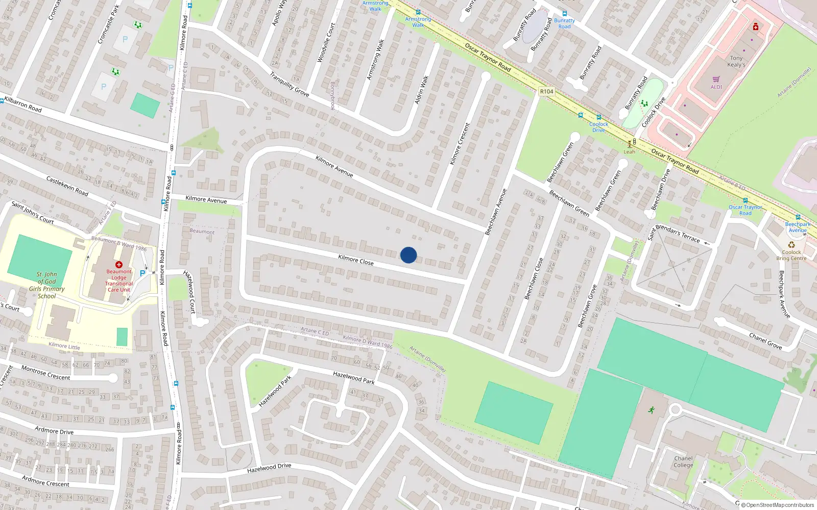 Overhead map showing the location of 43 Kilmore Close, Dublin 5