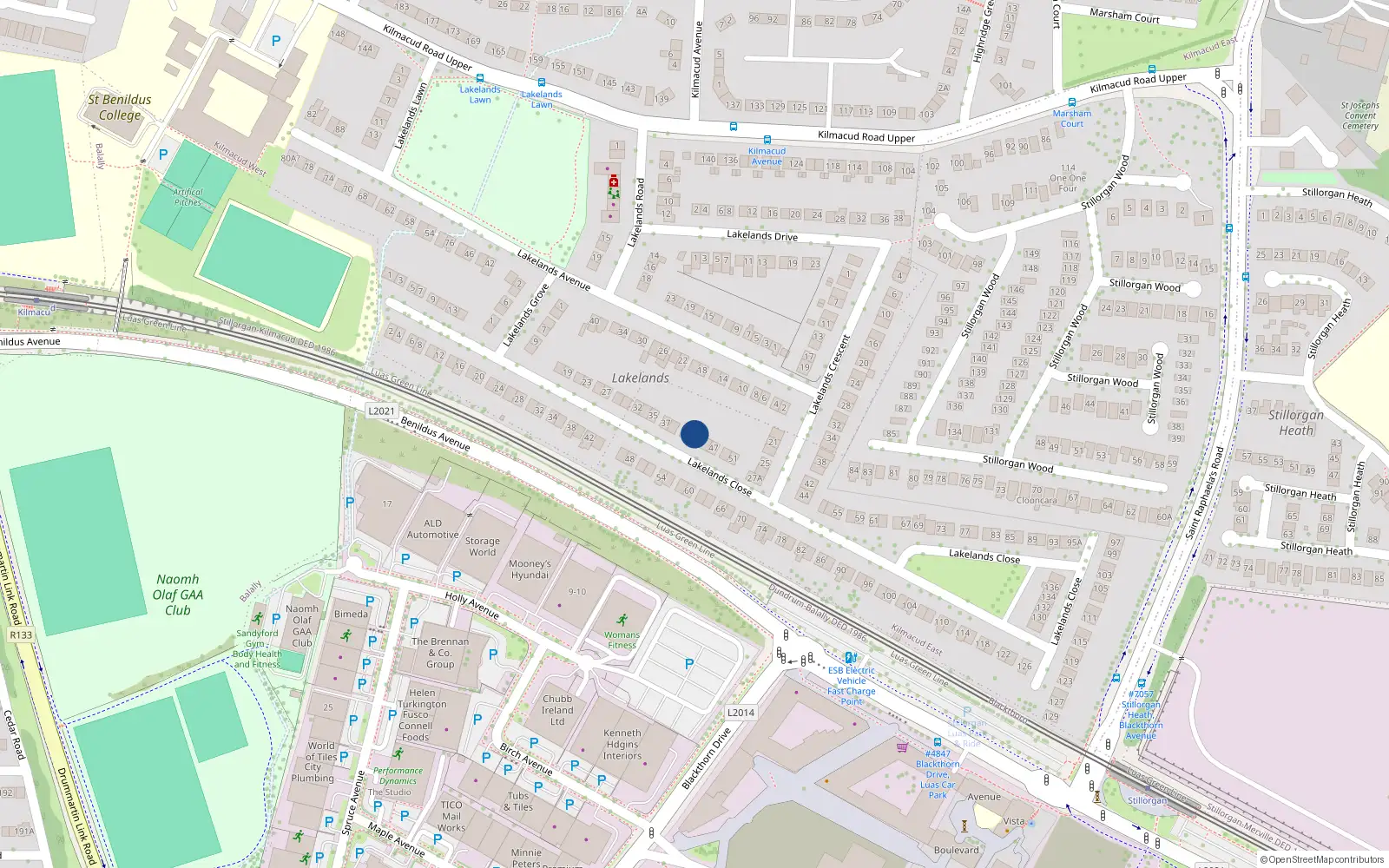 Overhead map showing the location of 43 Lakelands Close, Dublin