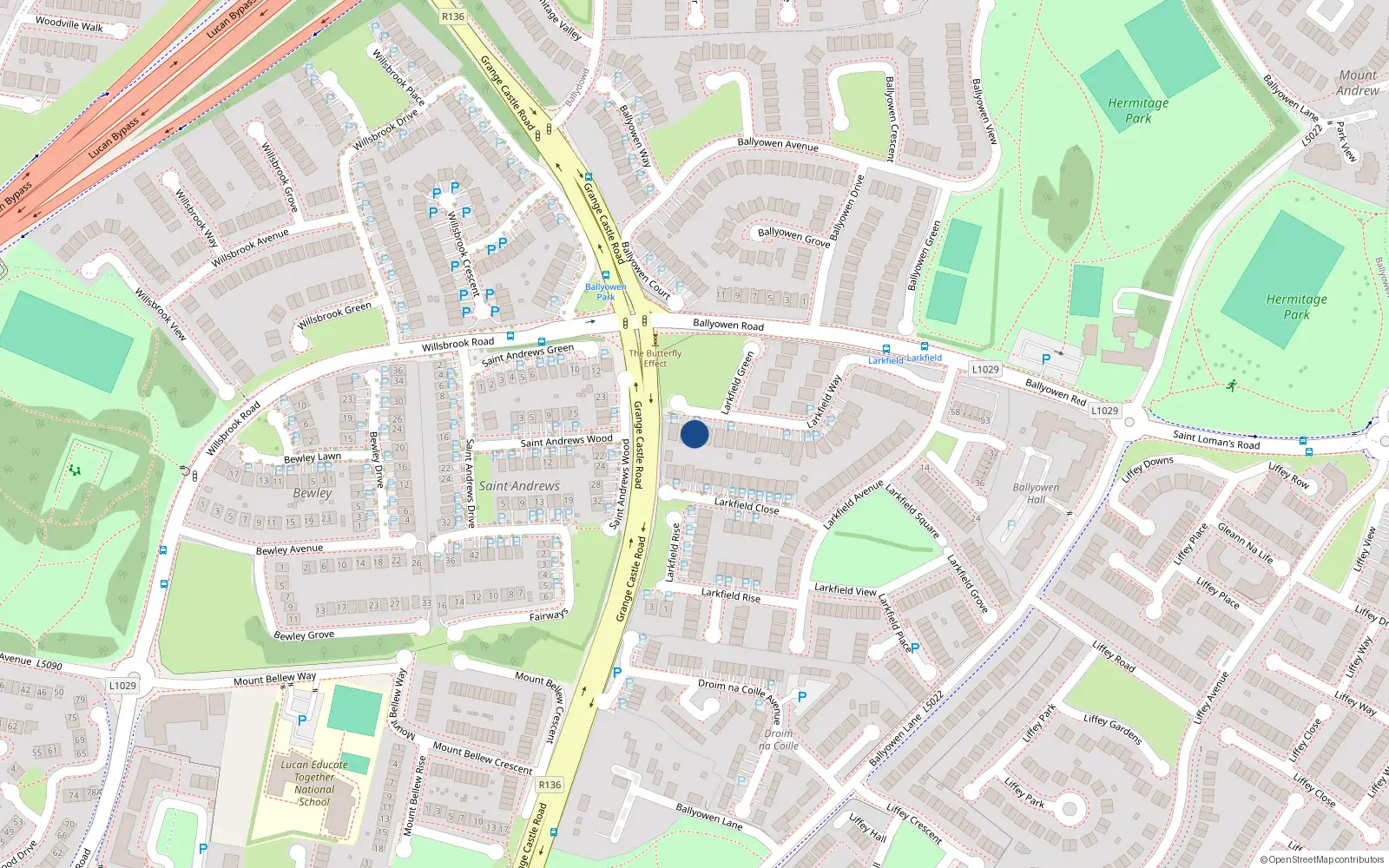 Overhead map showing the location of 43 Larkfield Way, Lucan