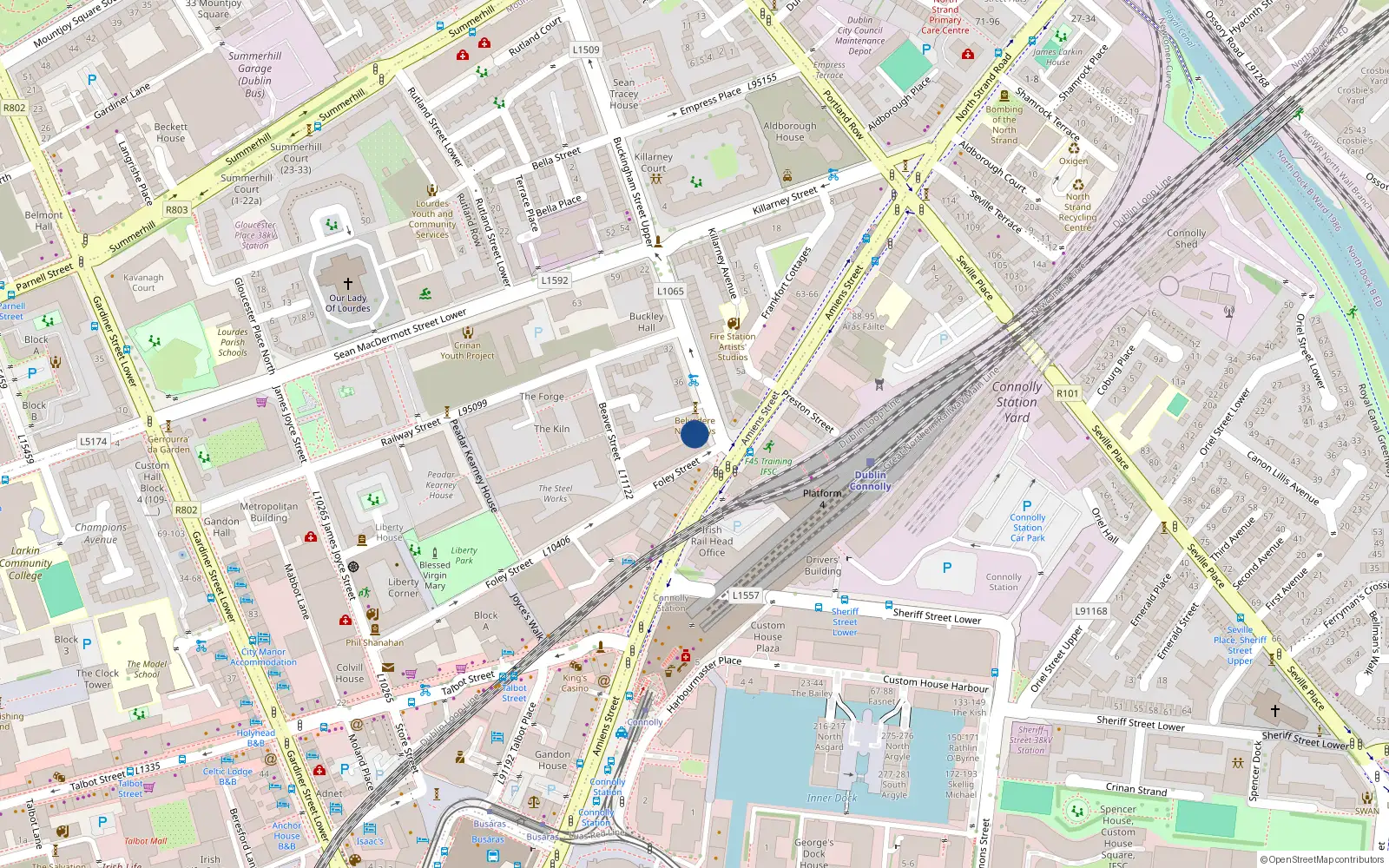 Overhead map showing the location of 43 Buckingham Street Lower, Dublin 1