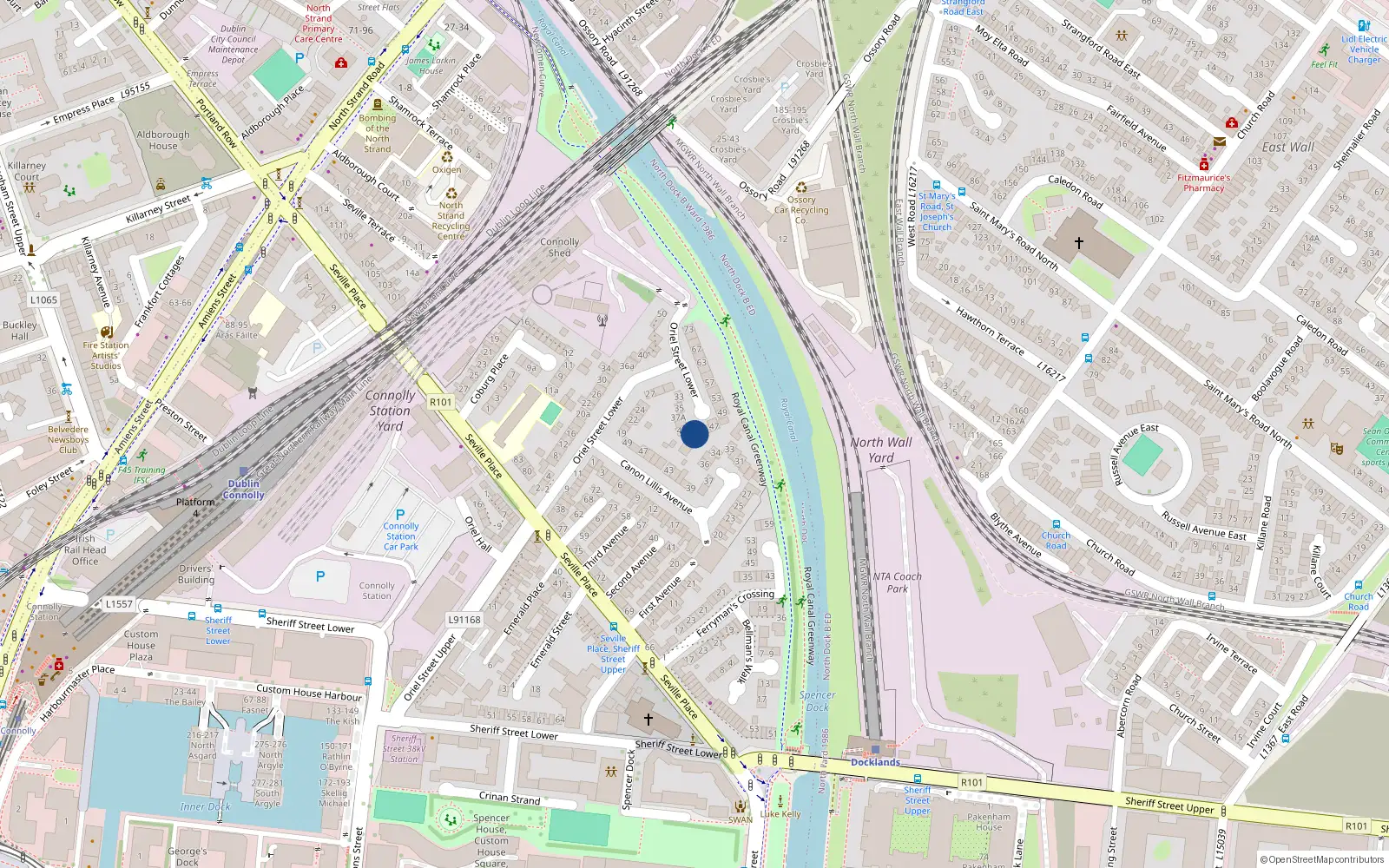 Overhead map showing the location of 43 Lower Oriel St, Seville Place, Dublin 1