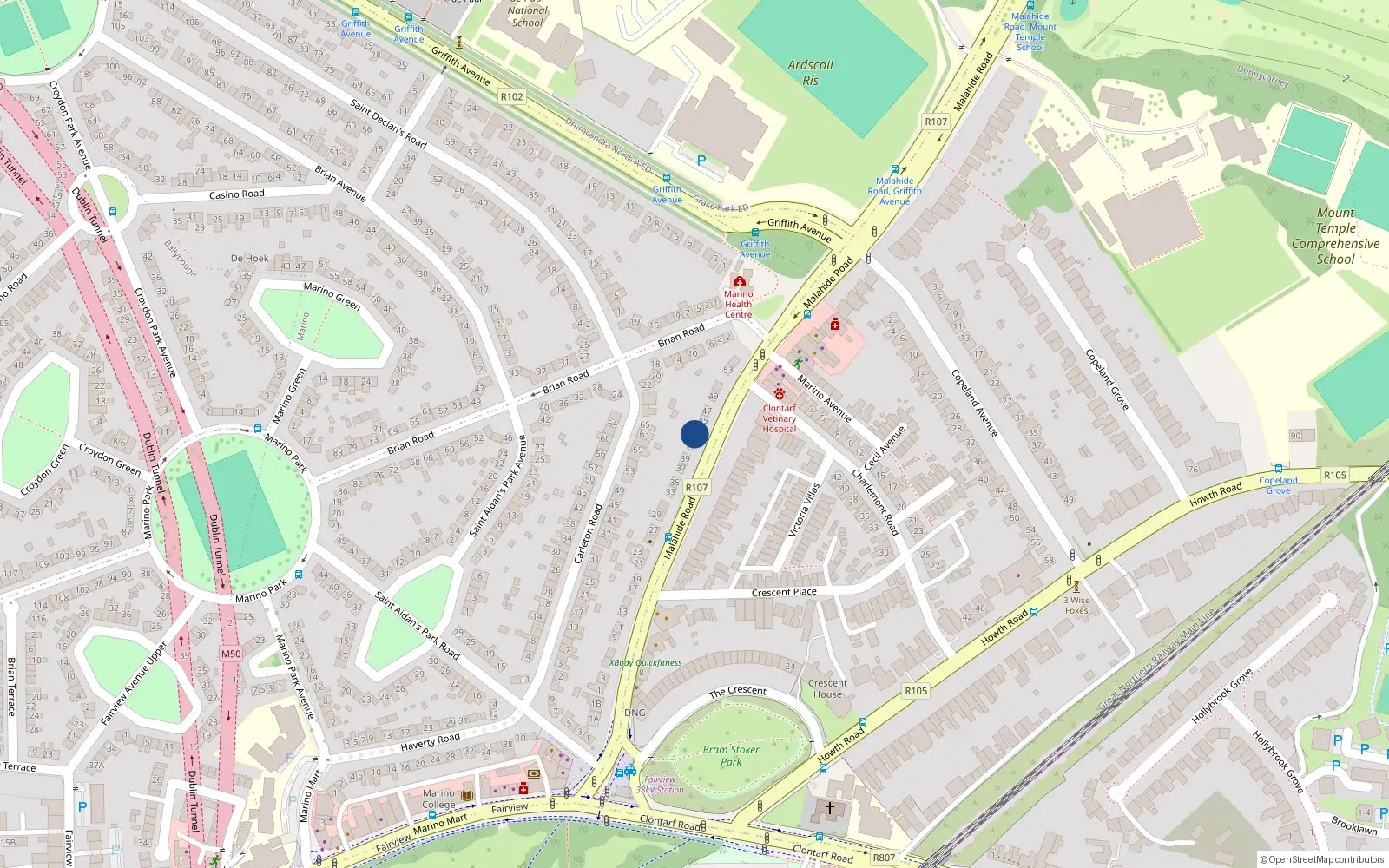 Overhead map showing the location of 43 Malahide Road, Dublin 3