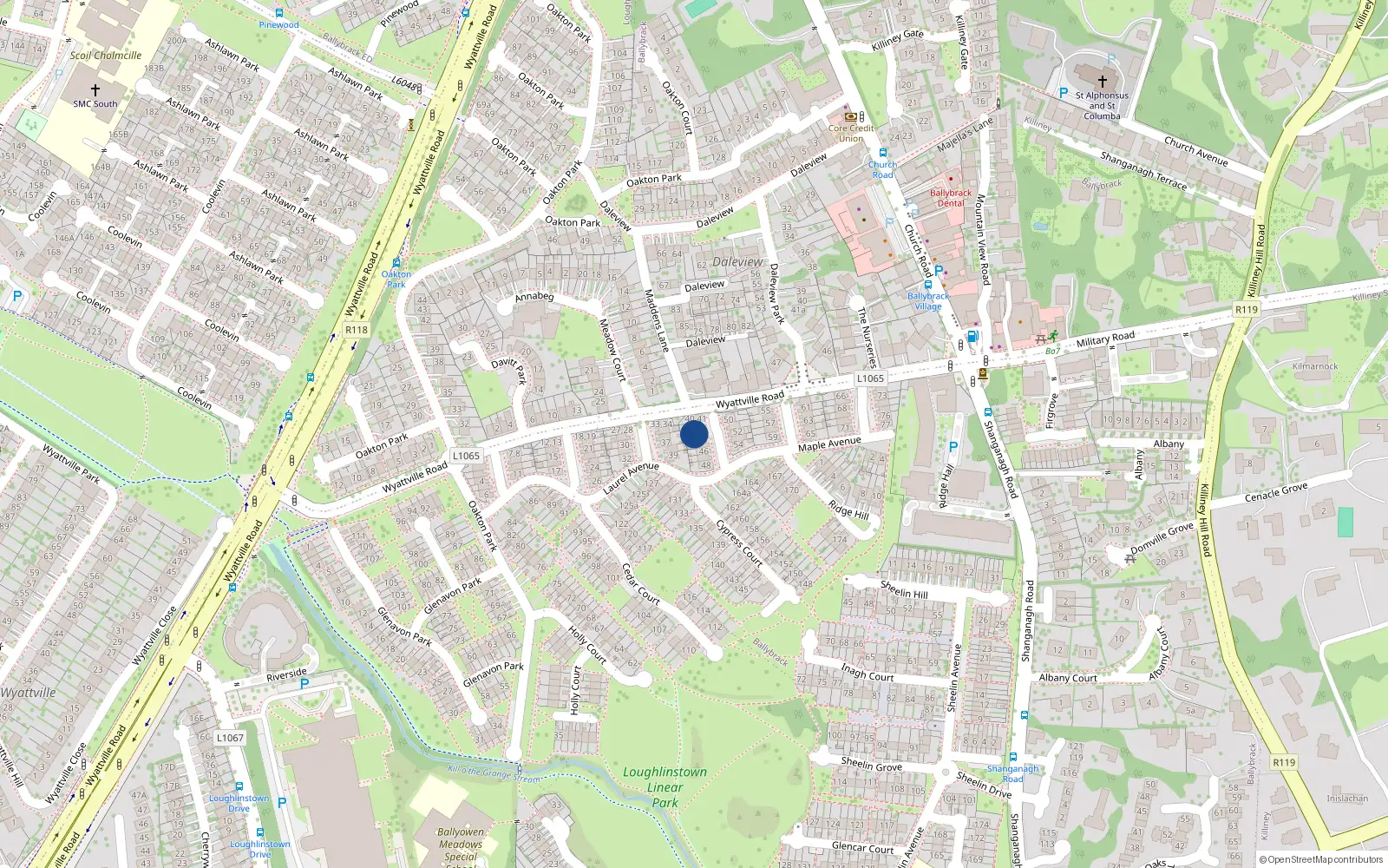 Overhead map showing the location of 43 Maple Avenue, Ballybrack, Co Dublin