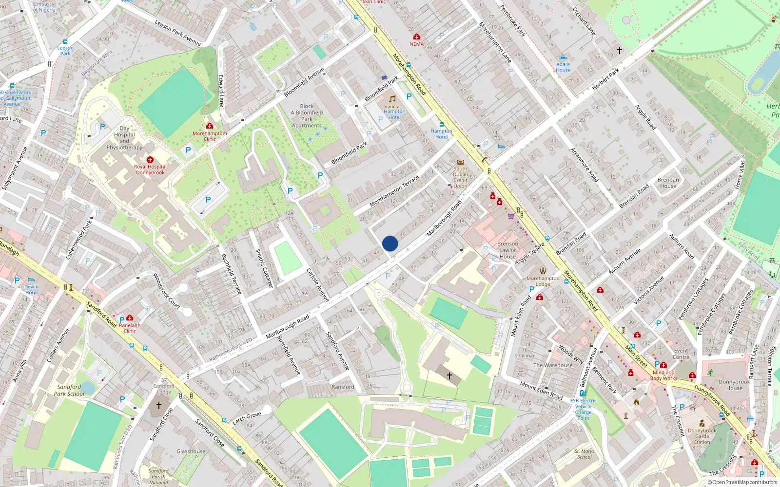 Overhead map showing the location of 43 Marlborough Road, Donnybrook