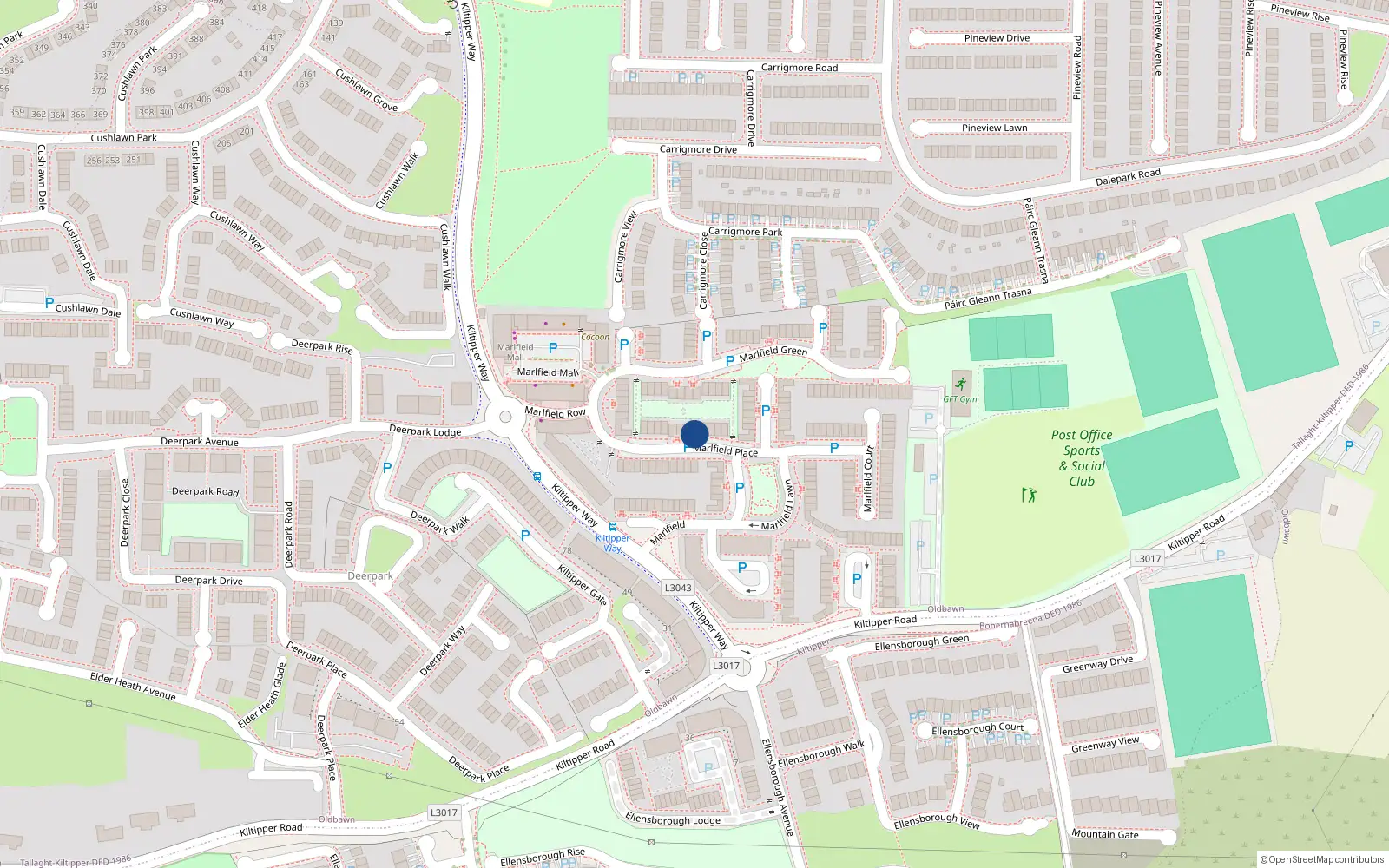 Overhead map showing the location of 43 Marlfield Place, Tallaght