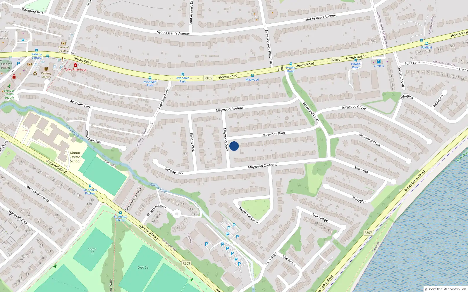Overhead map showing the location of 43 Maywood Park, Dublin 5