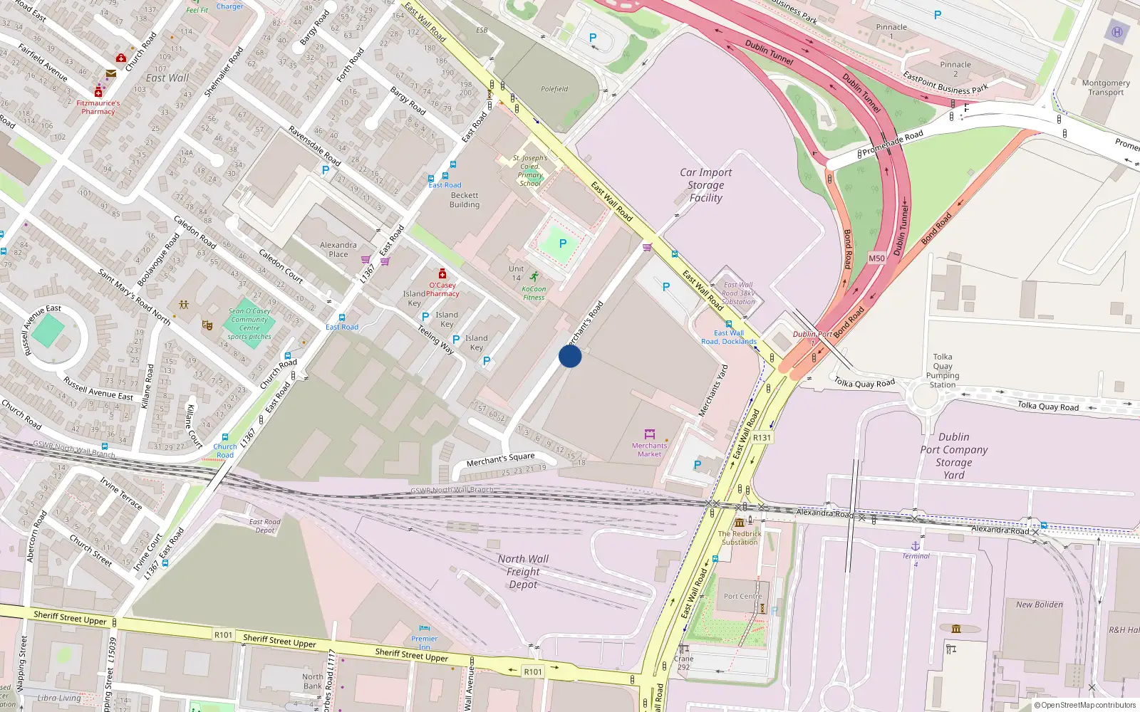 Overhead map showing the location of 43 Merchant's Road, Dublin 3