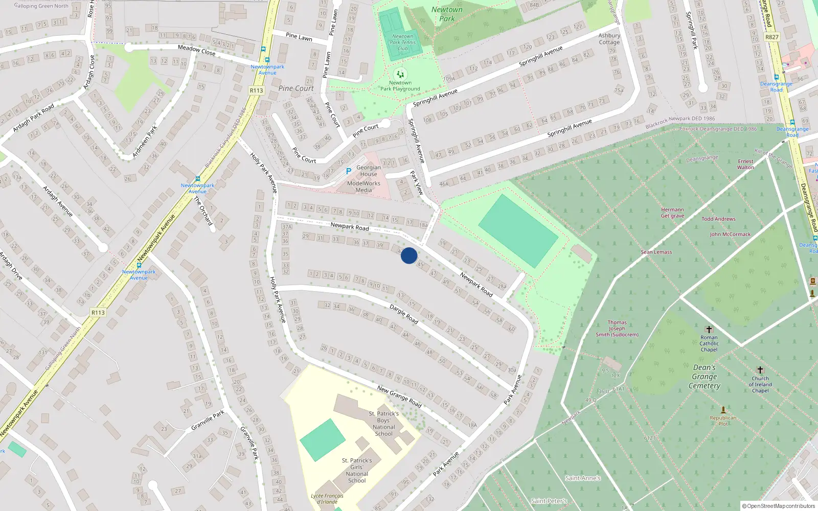 Overhead map showing the location of 43 New Park Road, Newtownpark Avenue, Blackrock