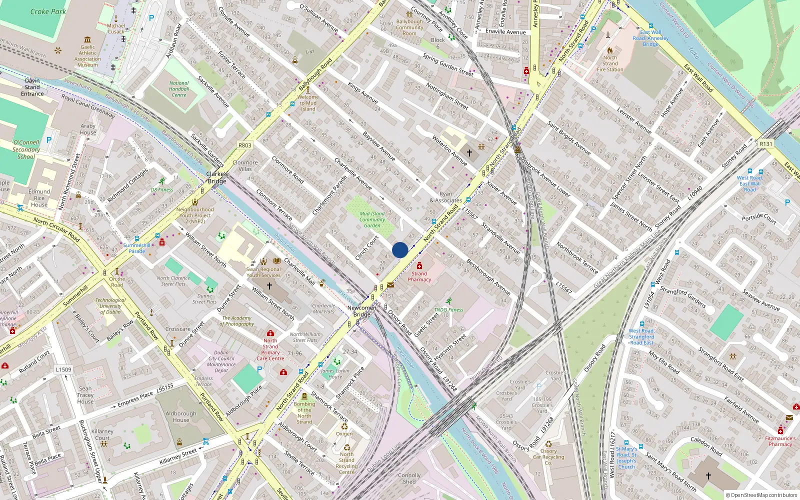 Overhead map showing the location of 43 North Strand Road, North Strand