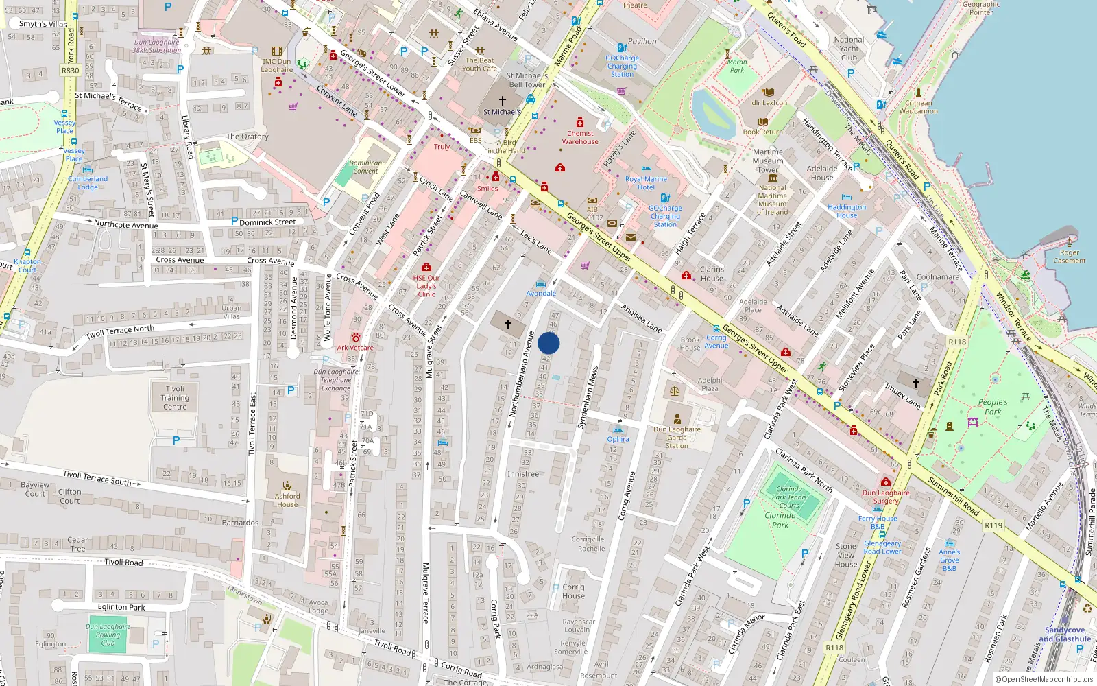 Overhead map showing the location of 43 Northumberland Avenue, Dun Laoghaire, Co Dublin