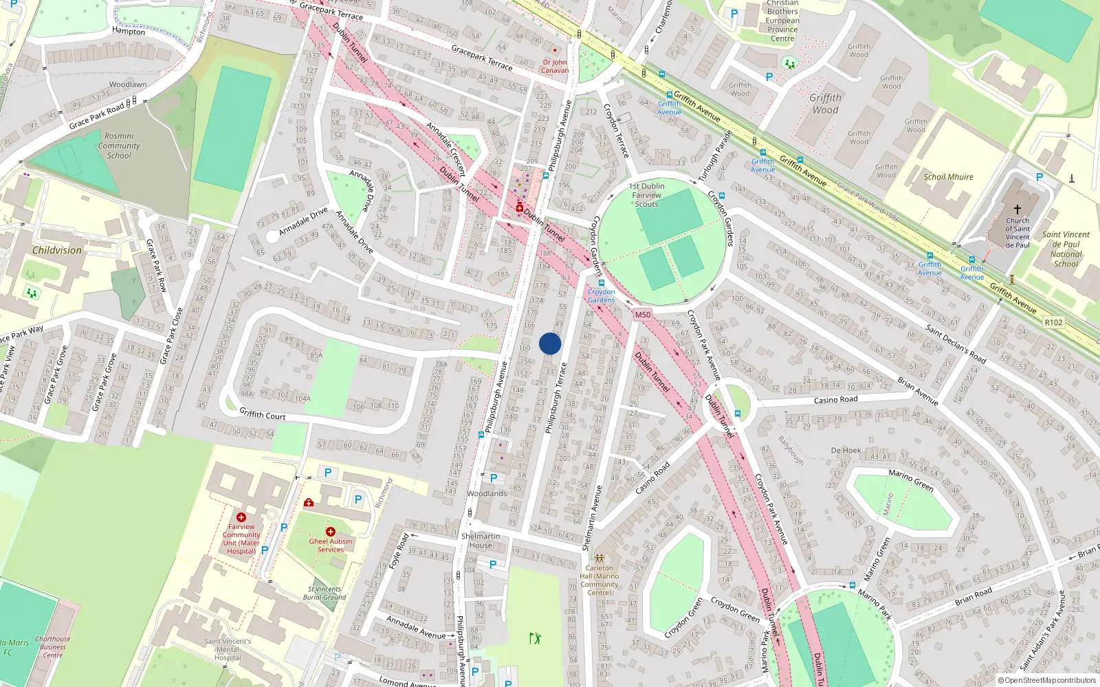 Overhead map showing the location of 43 Philipsburgh Terrace, Marino, Dublin 3