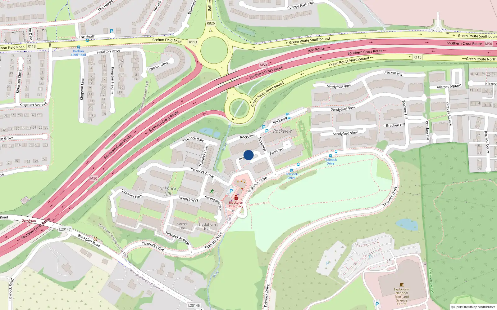Overhead map showing the location of 43 Rockview, Sandyford