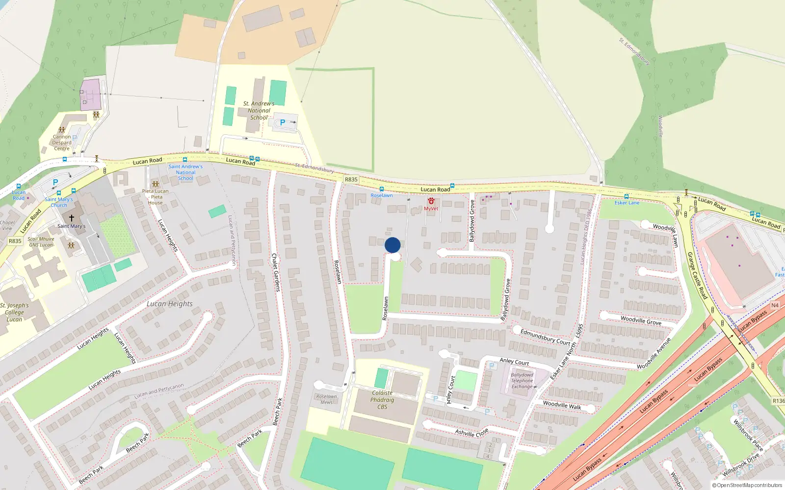 Overhead map showing the location of 43 Roselawn, Lucan, Dublin