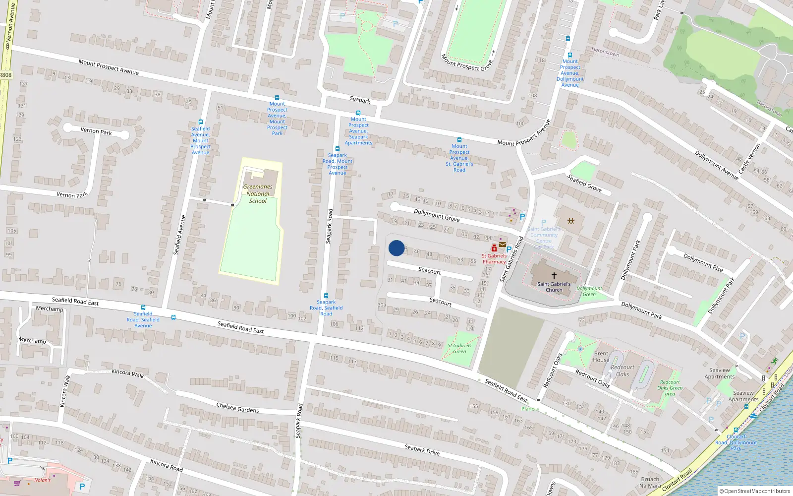 Overhead map showing the location of 43 Seacourt, Seafield Road, Clontarf
