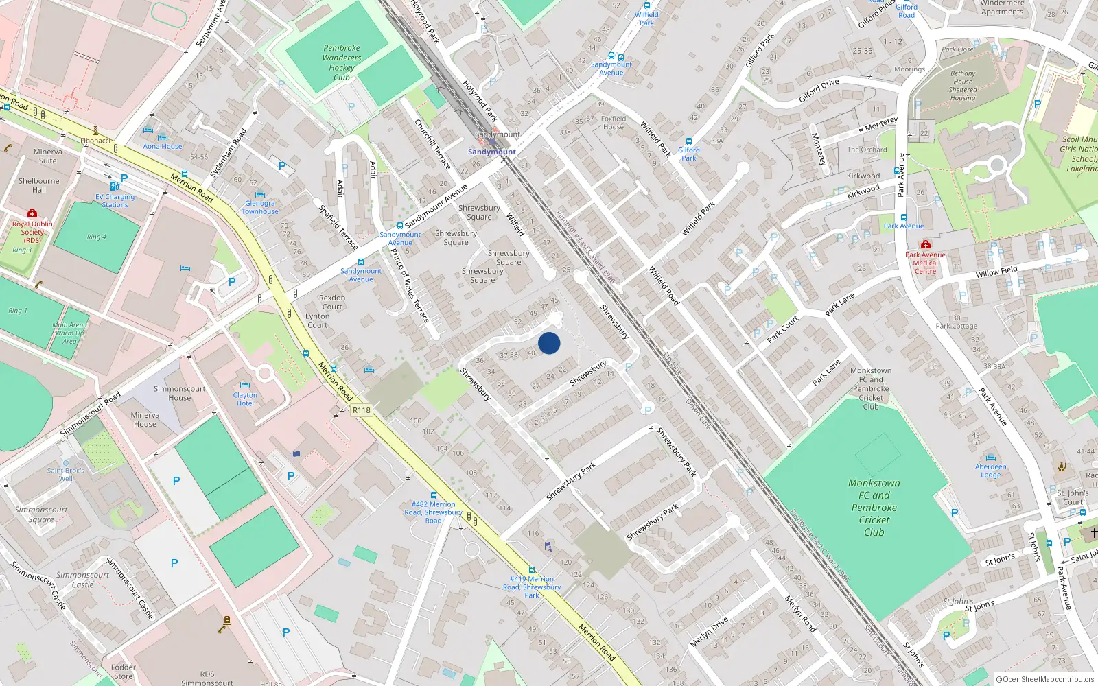 Overhead map showing the location of 43 Shrewsbury, Ballsbridge