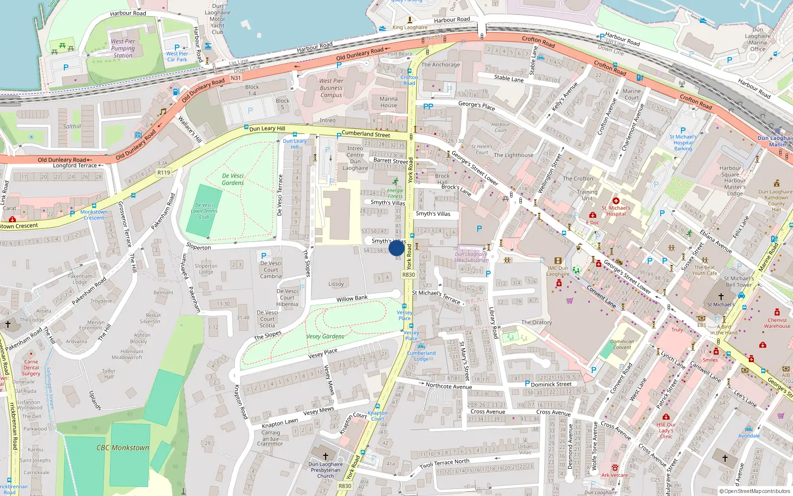 Overhead map showing the location of 43 Smyth's Gardens, 64 York Road, Dun Laoghaire