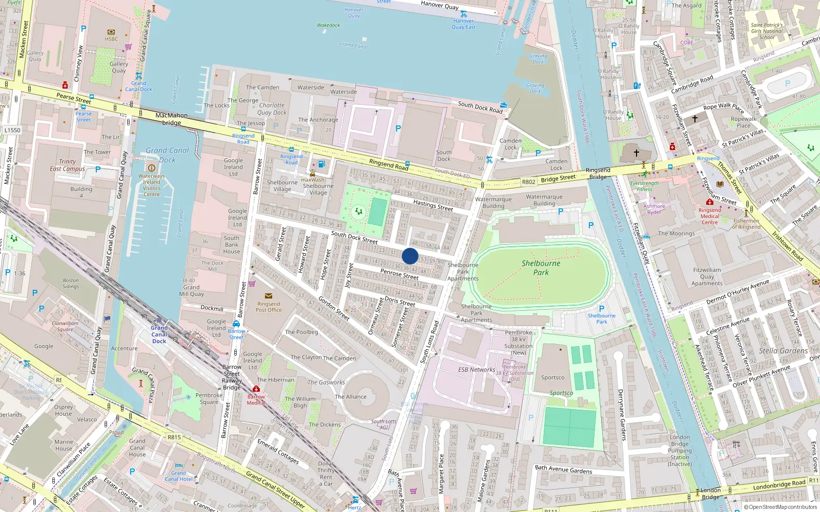 Overhead map showing the location of 43 South Dock Street, Dublin 4