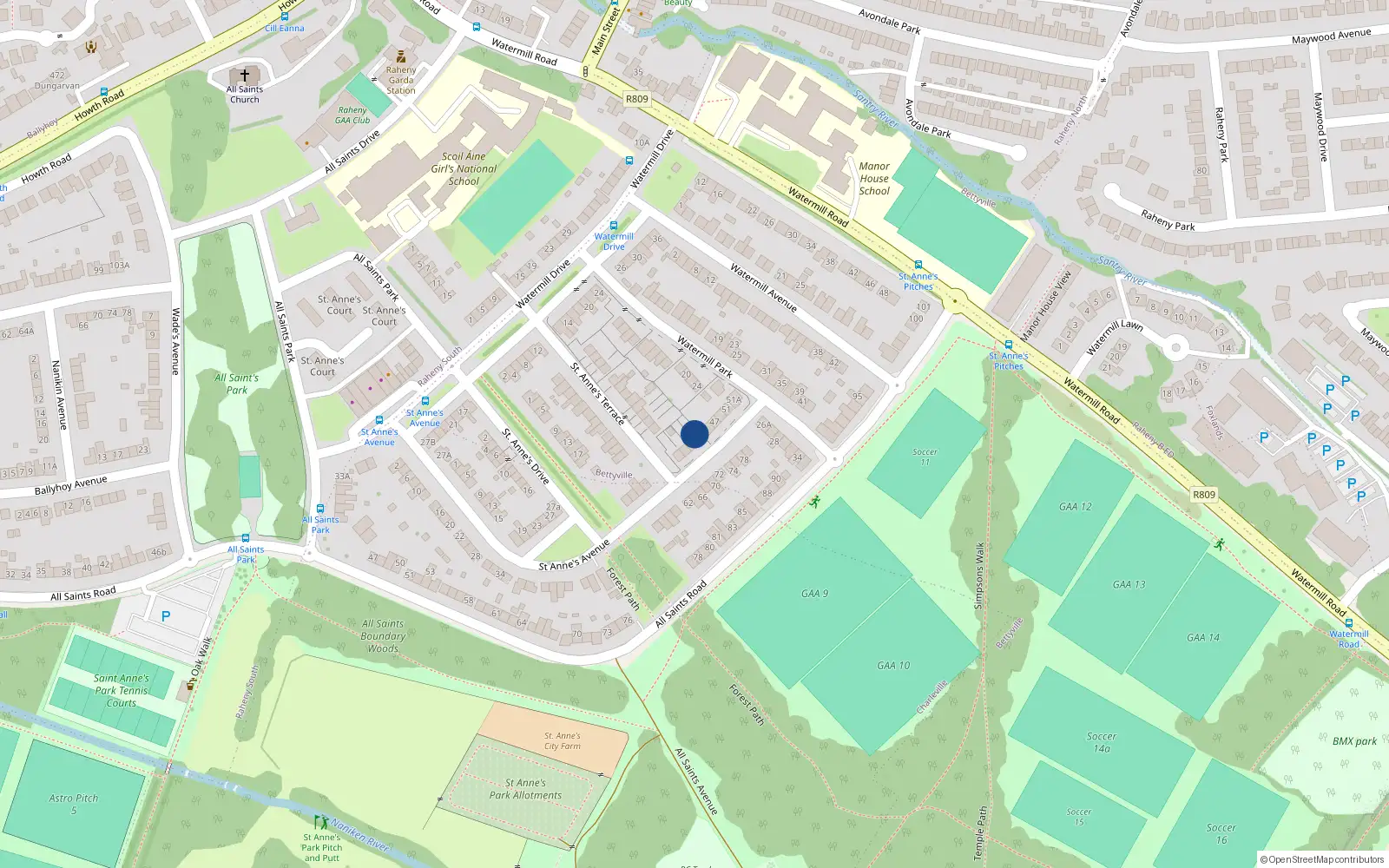 Overhead map showing the location of 43 St Annes Avenue, Raheny, Dublin 5