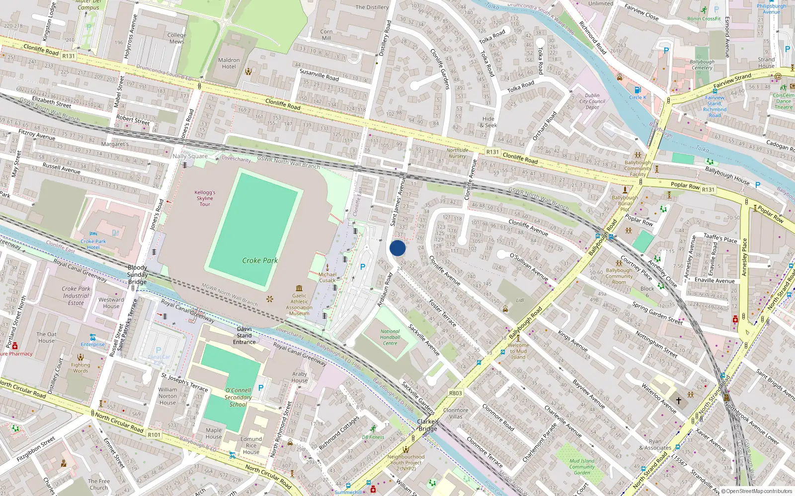 Overhead map showing the location of 43 St Jamess Avenue, Ballybough, Dublin 3