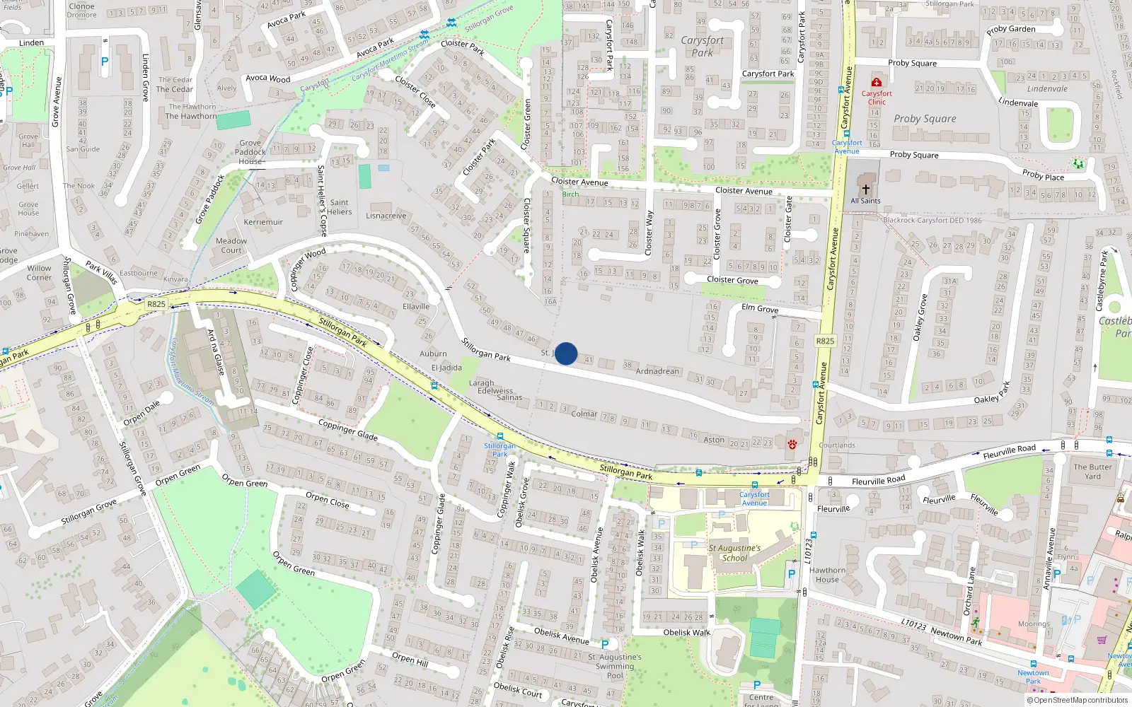 Overhead map showing the location of 43 Stillorgan Park, Blackrock, Co. Dublin