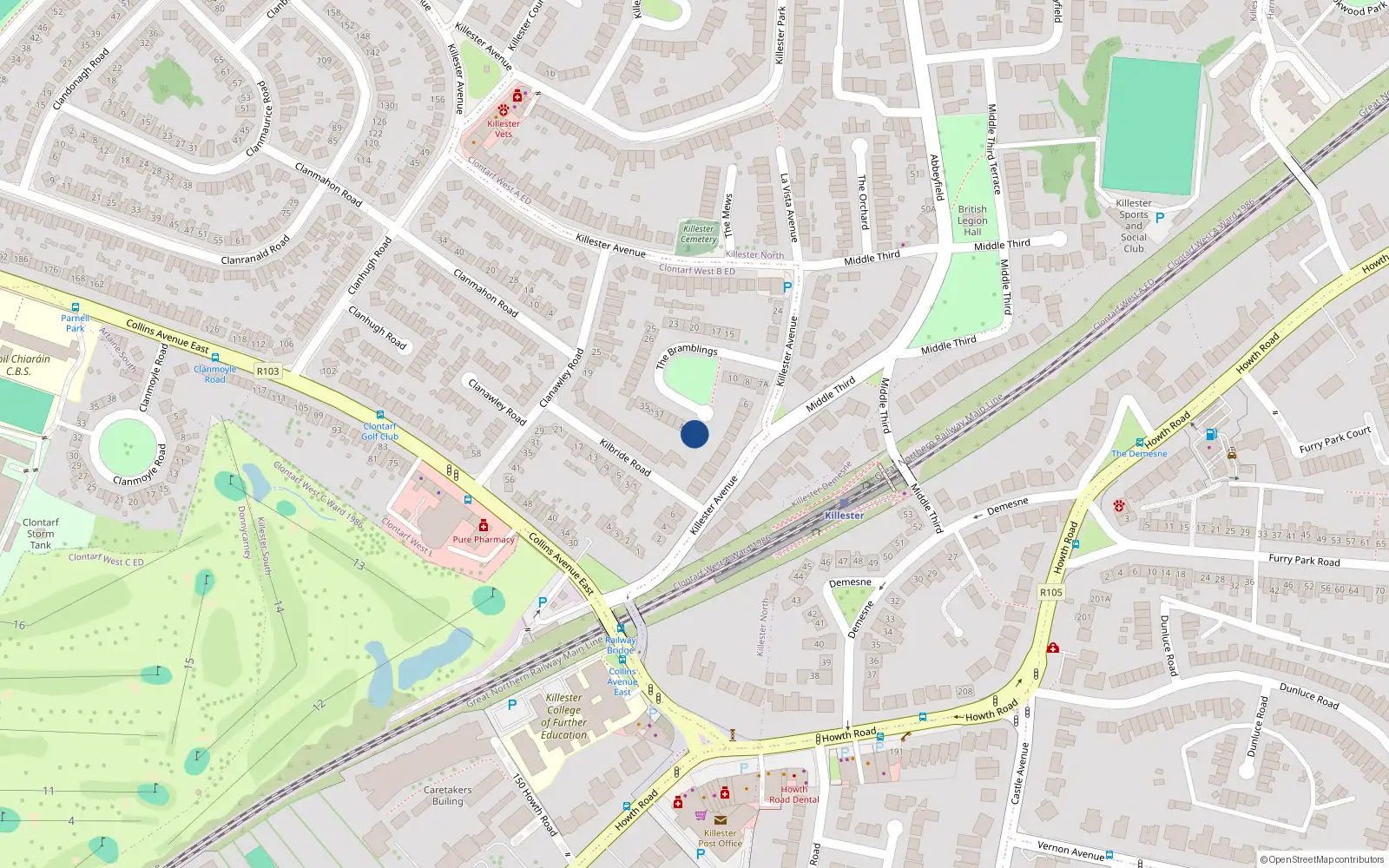 Overhead map showing the location of 43 the Bramblings, Killester, Dublin 5
