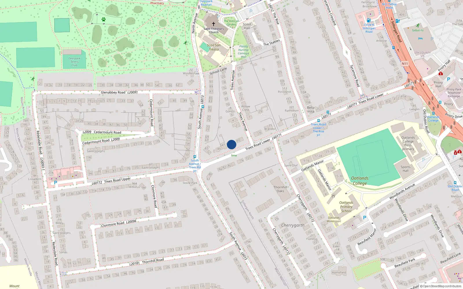 Overhead map showing the location of 43 Trees Road, Mount Merrion, Co Dublin
