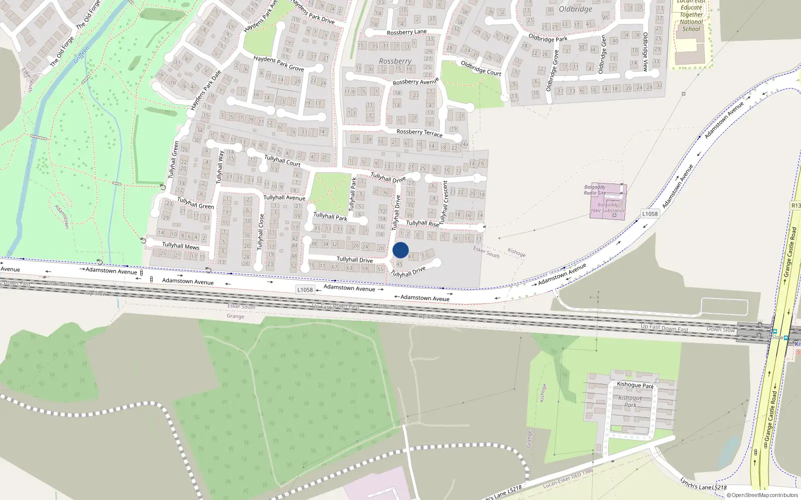 Overhead map showing the location of 43 Tullyhall Drive, Lucan