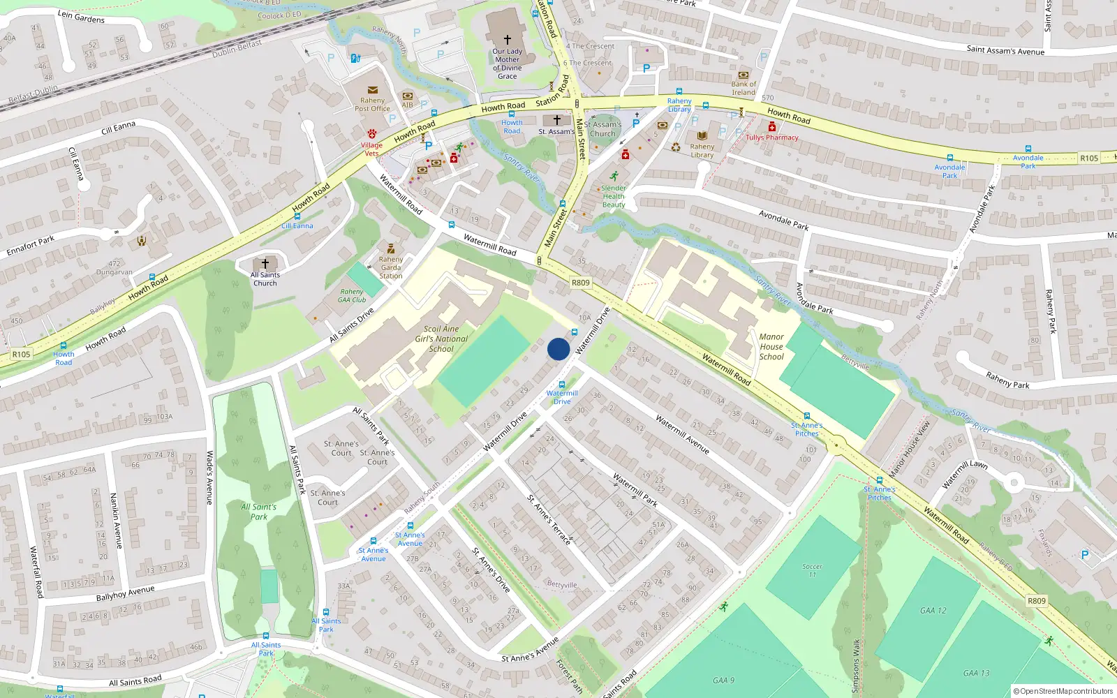 Overhead map showing the location of 43 Watermill Drive, St Annes, Raheny