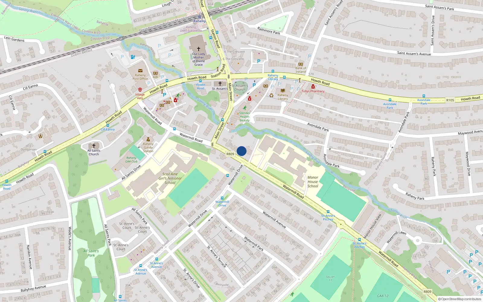 Overhead map showing the location of 43 Watermill Road, Dublin 5