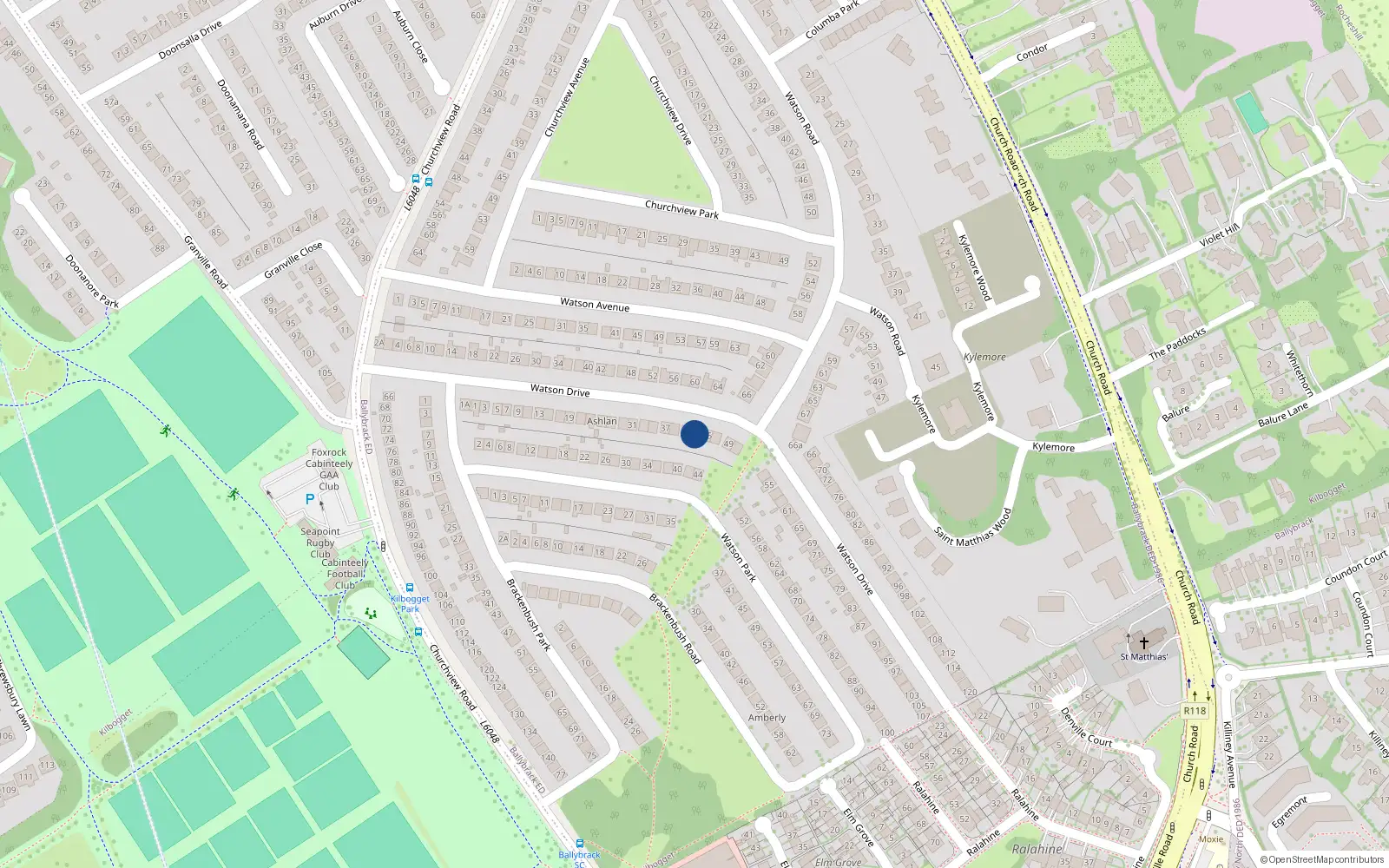 Overhead map showing the location of 43 Watson Drive, Killiney, Dublin