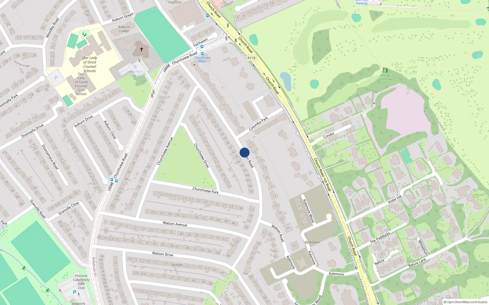 Overhead map showing the location of 43 Watson Road, Killiney