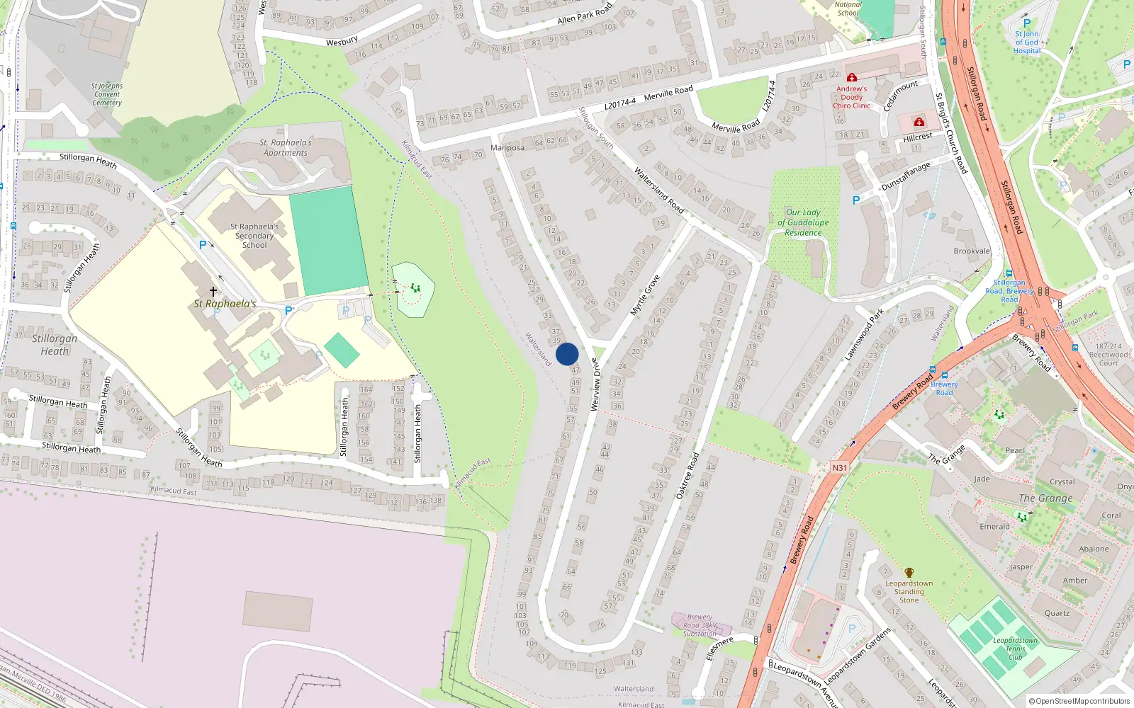 Overhead map showing the location of 43 Weirview Drive, Dublin