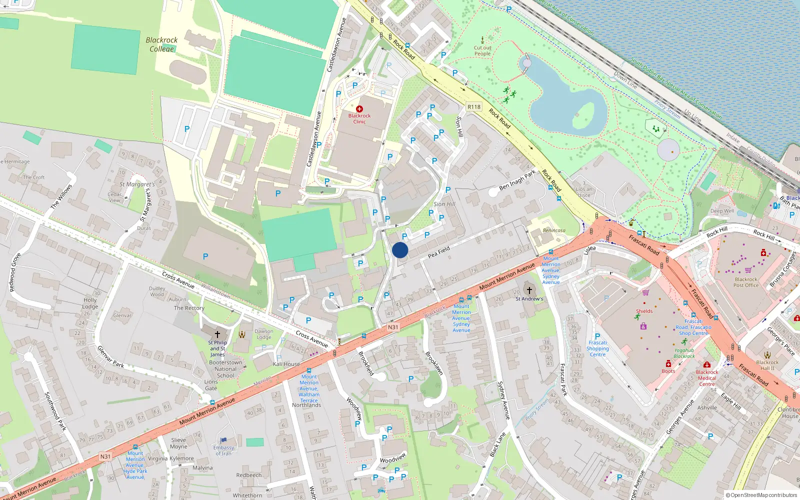 Overhead map showing the location of 43 Westfield, Rock Road, Blackrock