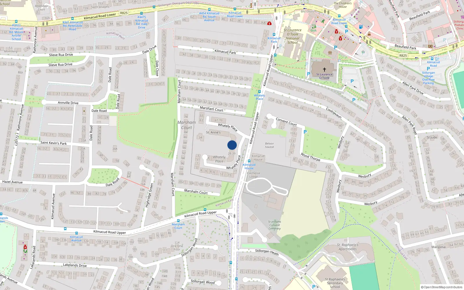 Overhead map showing the location of 43 Whately Place, Upper Kilmacud Road, Stillorgan