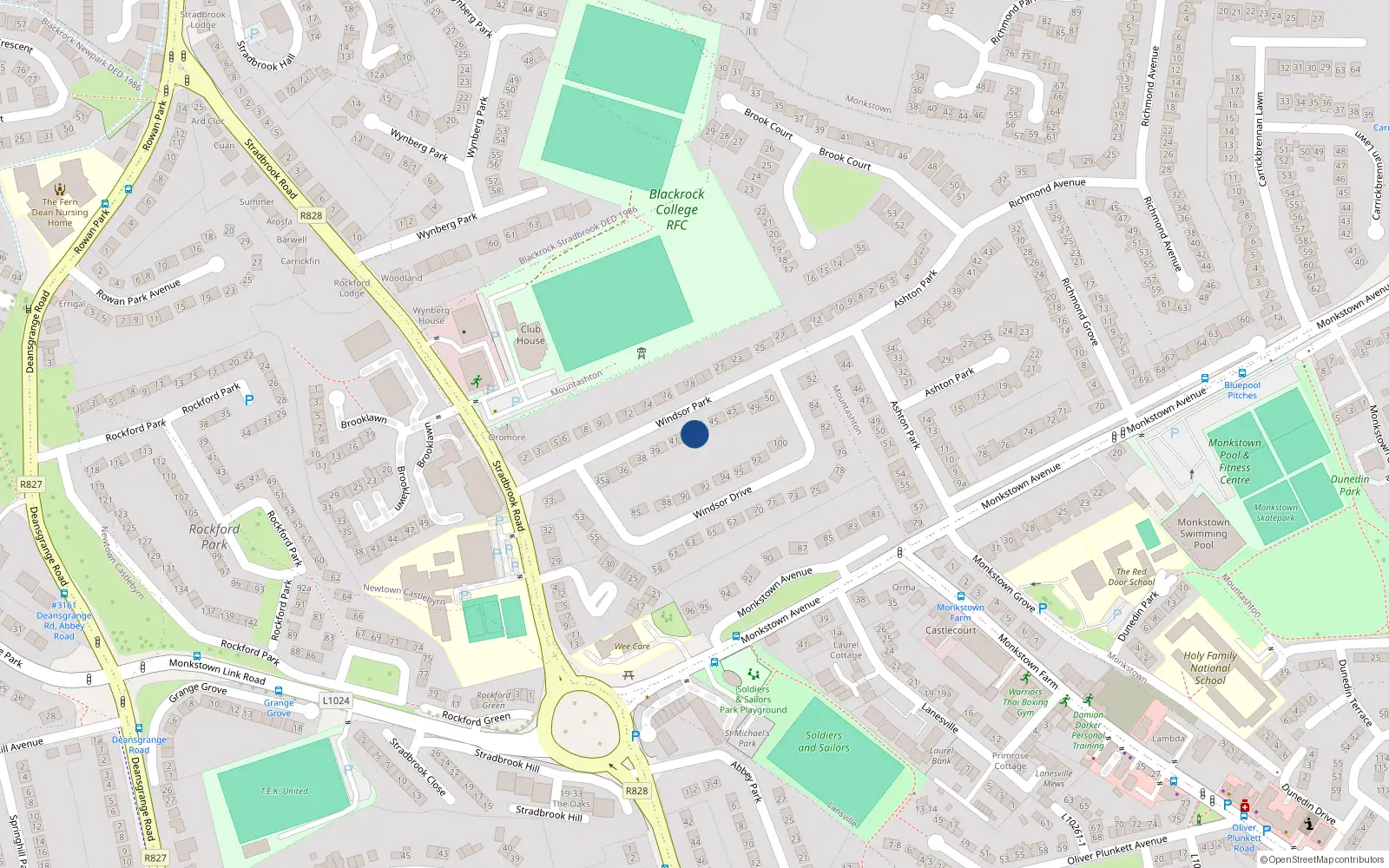Overhead map showing the location of 43 Windsor Park, Monkstown