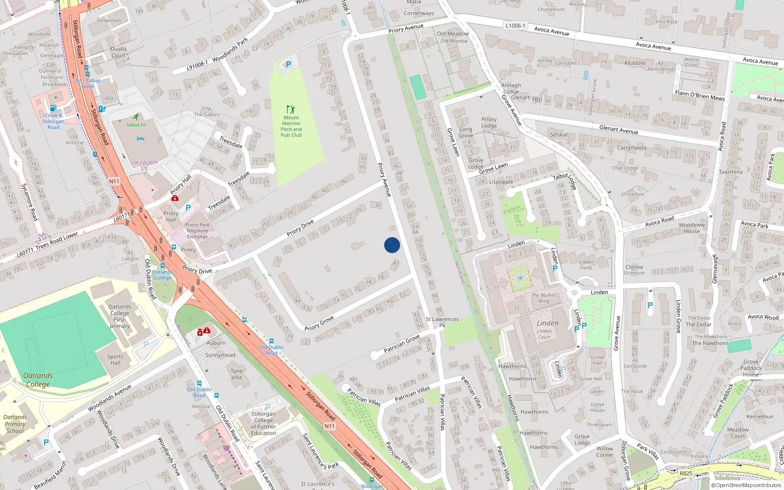 Overhead map showing the location of 43A Priory Avenue, Stillorgan, Dublin