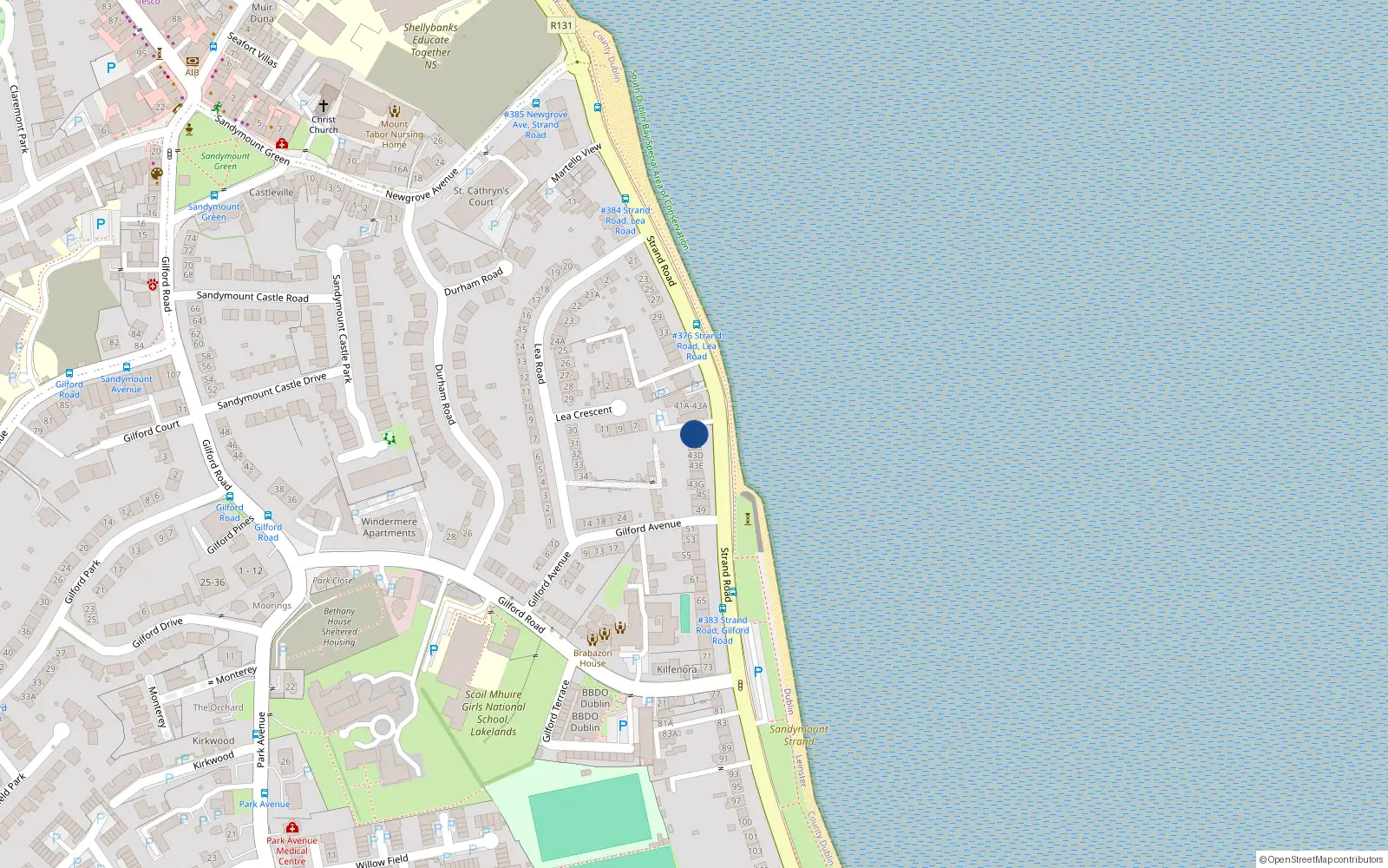 Overhead map showing the location of 43B Strand Road, Sandymount
