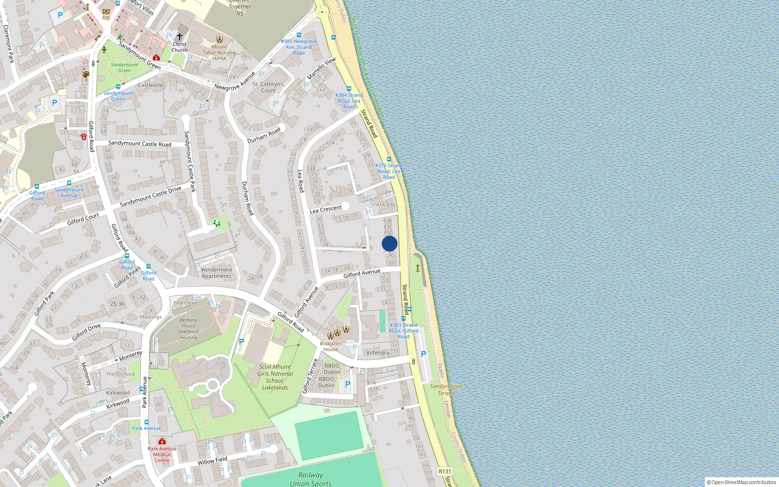 Overhead map showing the location of 43F Strand Road, Sandymount