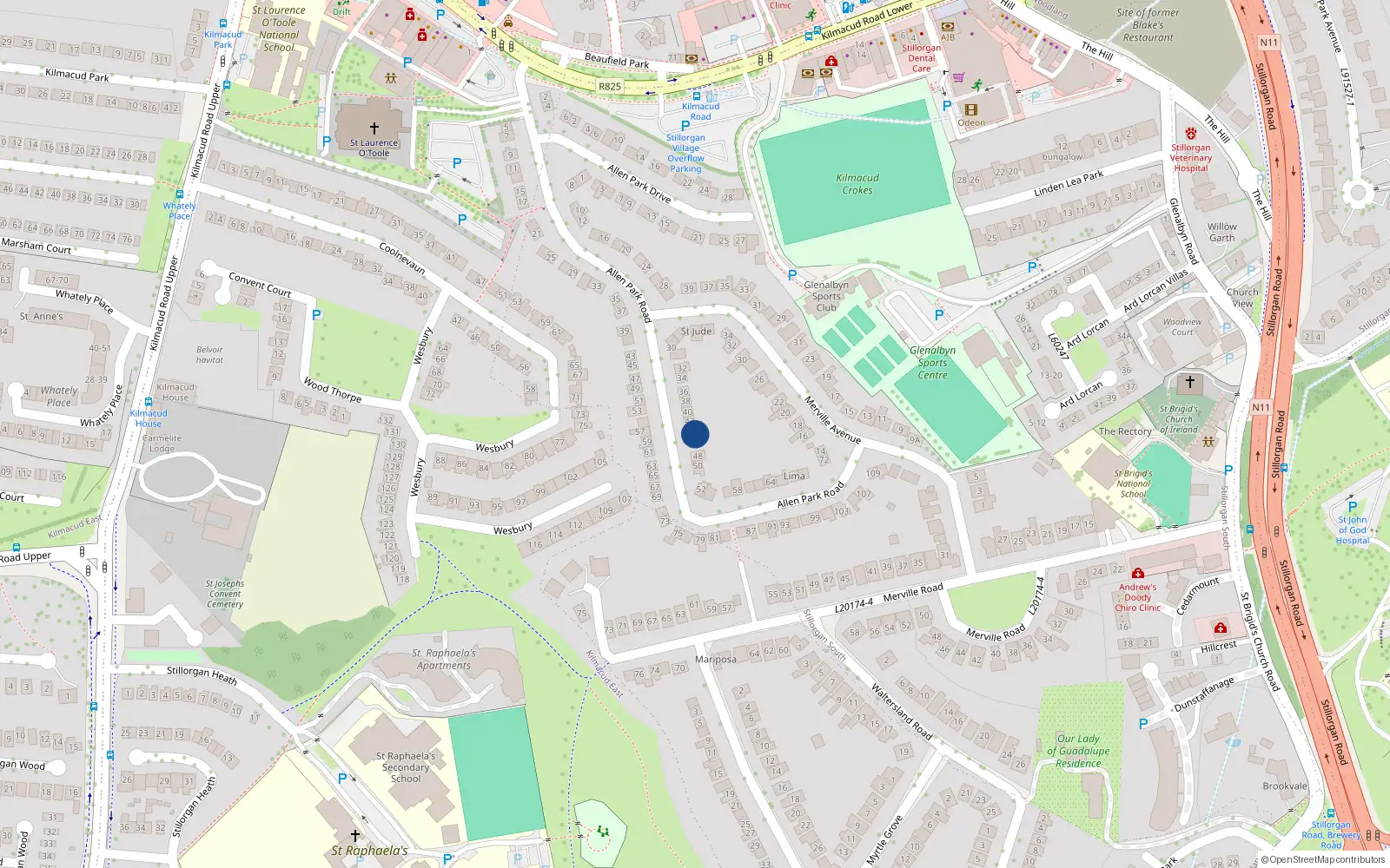 Overhead map showing the location of 44 Allen Park Road, County Dublin