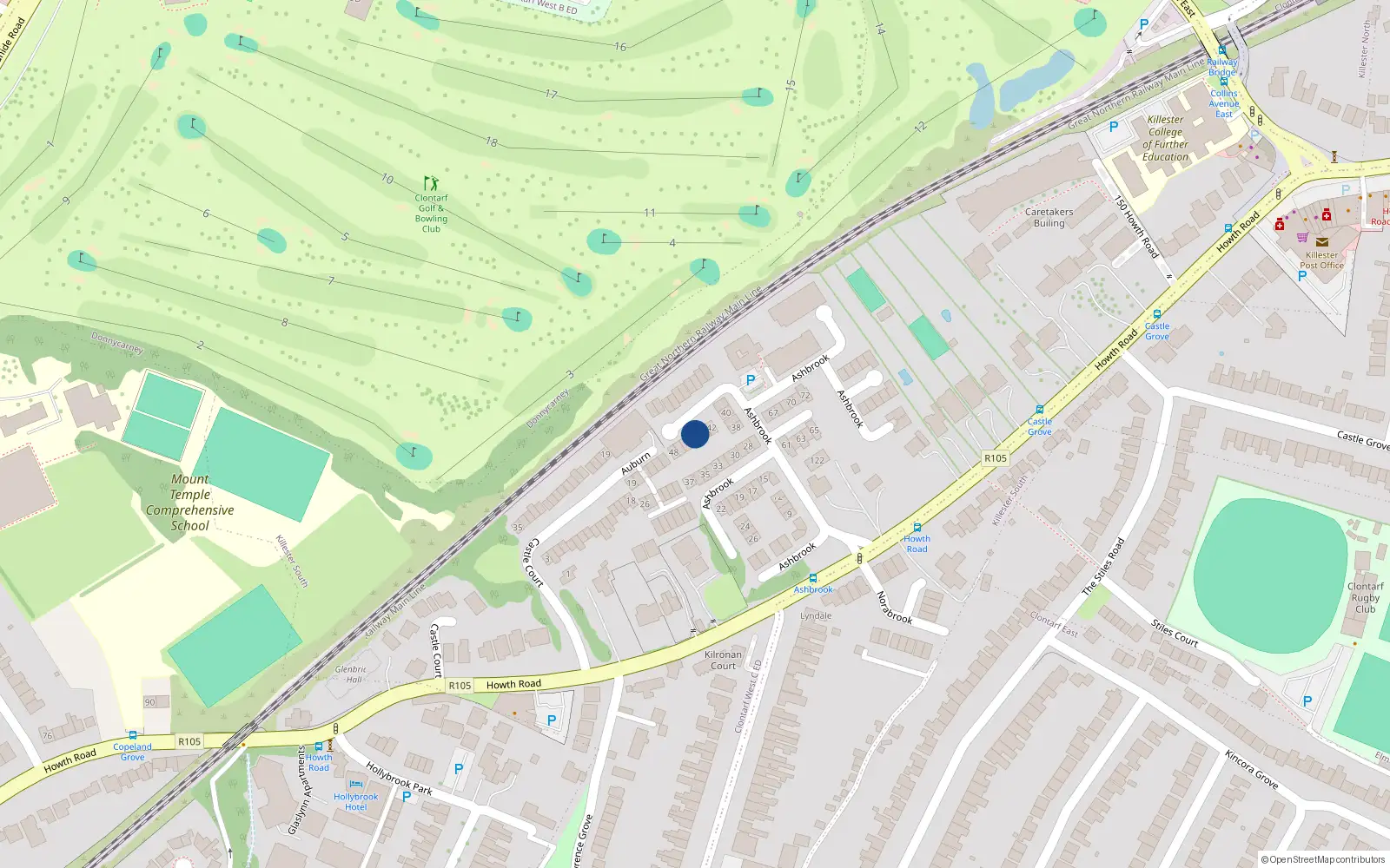 Overhead map showing the location of 44 Ashbrook, Howth Road, Clontarf
