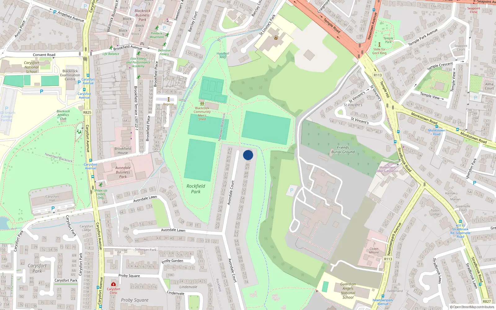 Overhead map showing the location of 44 Avondale Court, Blackrock