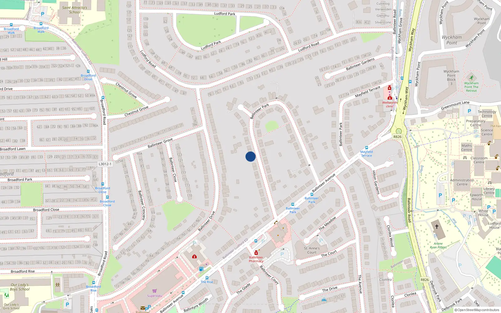 Overhead map showing the location of 44 Ballinteer Park, Dublin 16