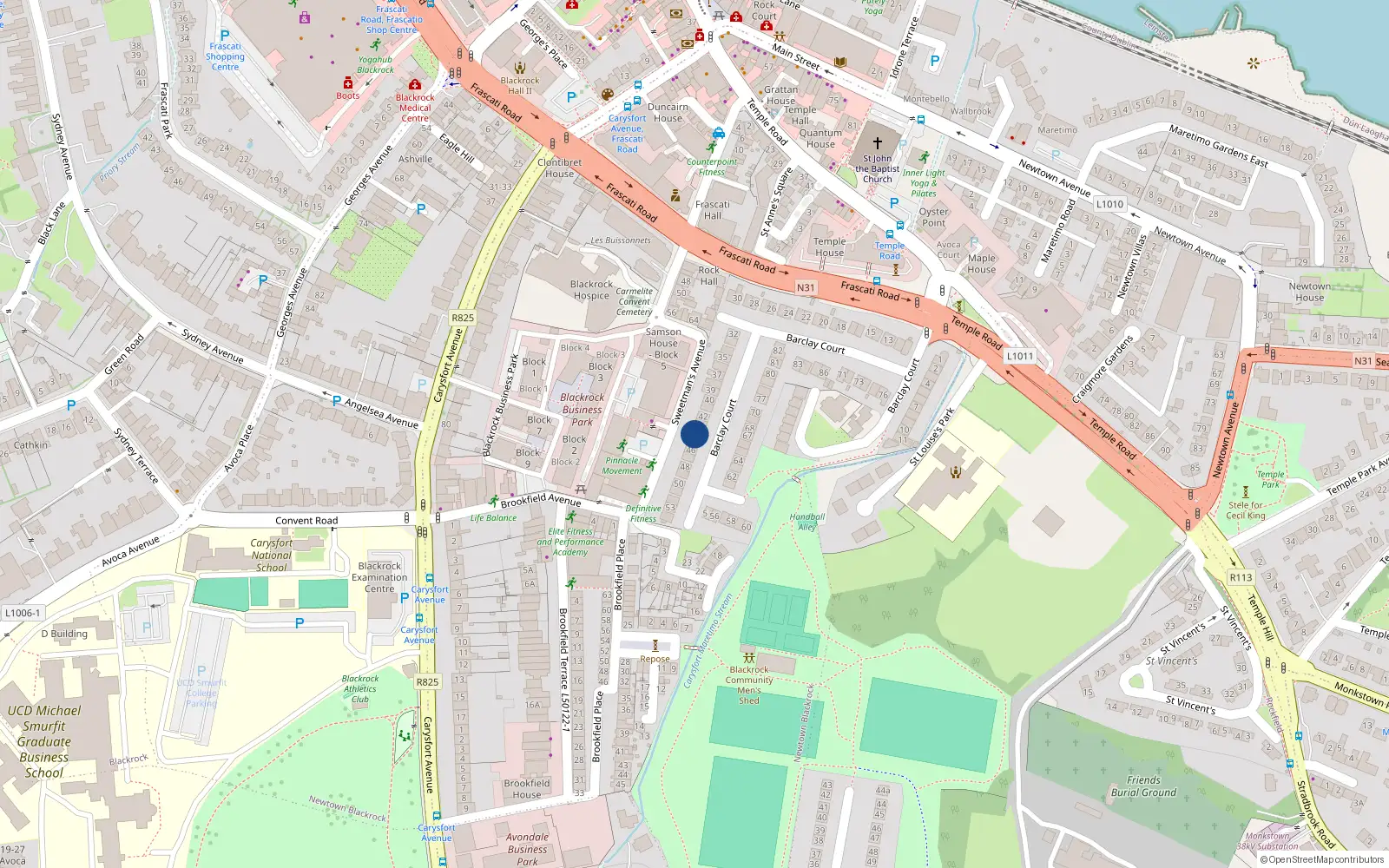 Overhead map showing the location of 44 Barclay Court, Blackrock, Dublin