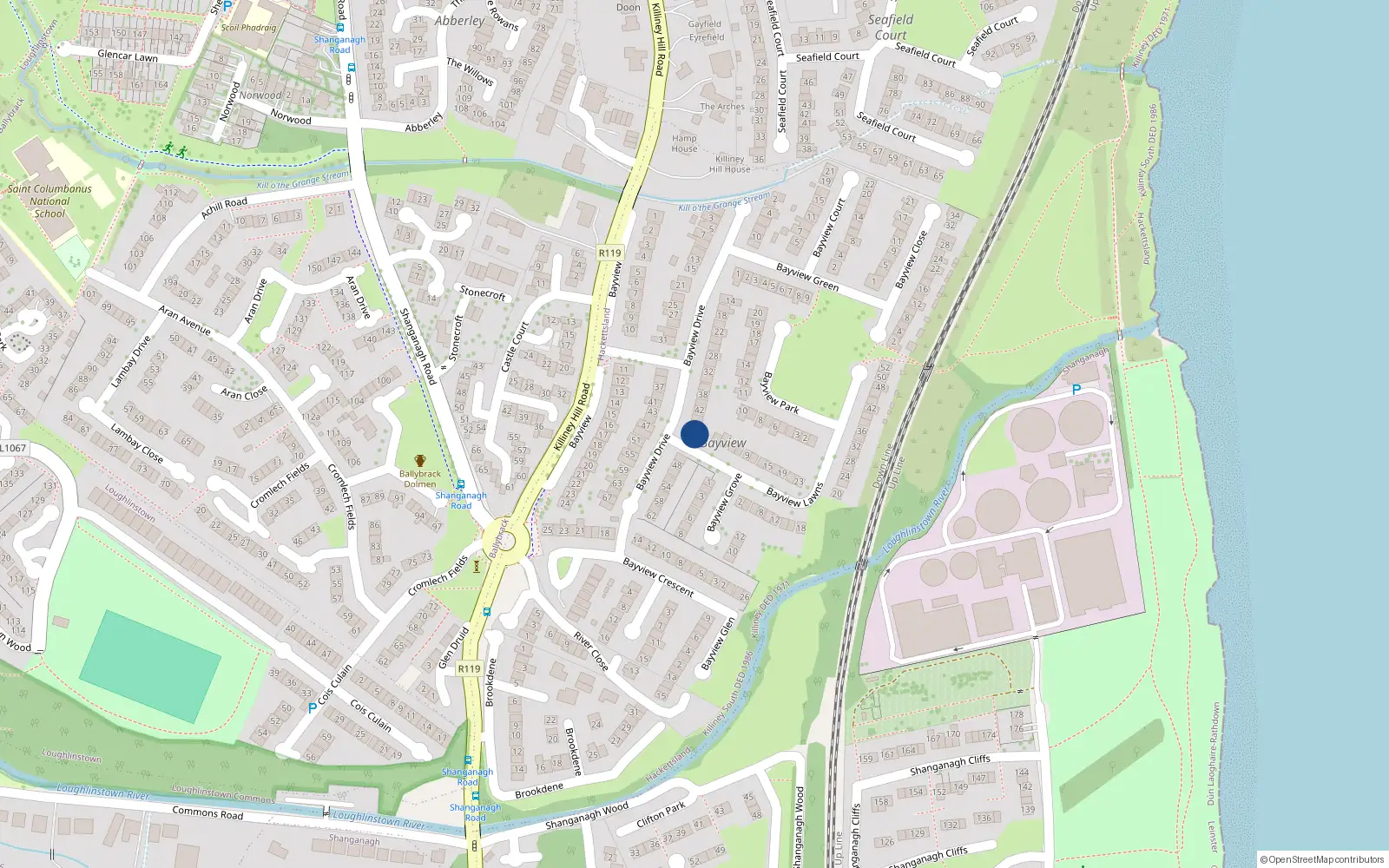 Overhead map showing the location of 44 Bayview Drive, Killiney