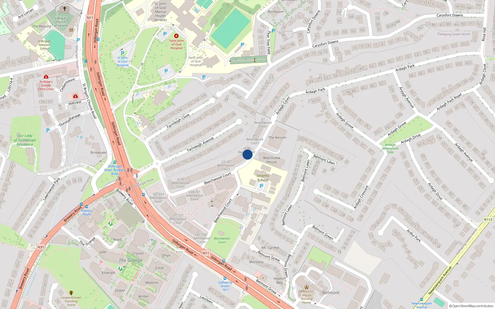 Overhead map showing the location of 44 Beechwood Court, Stillorgan